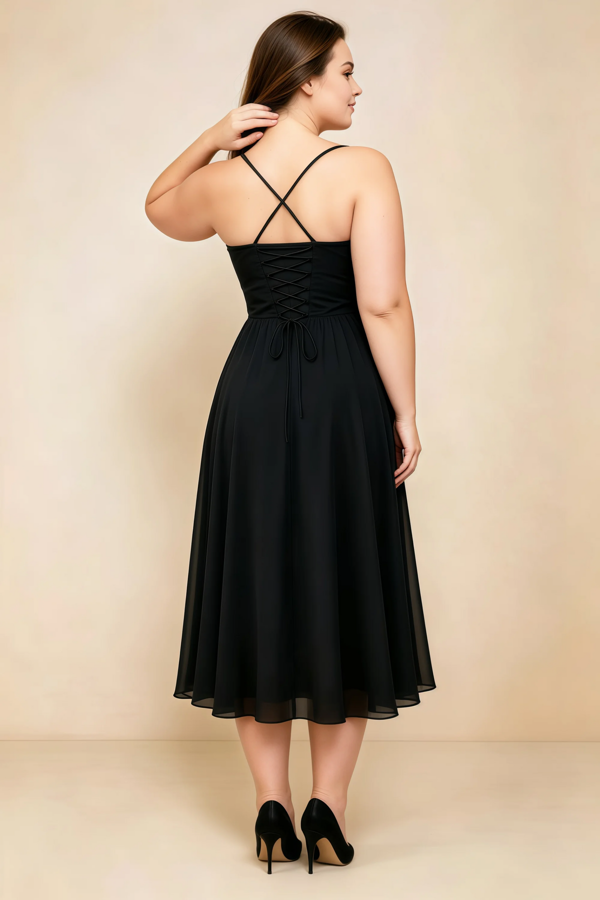 Alessandra Black Chiffon Sweetheart Lace-Up Midi Dress