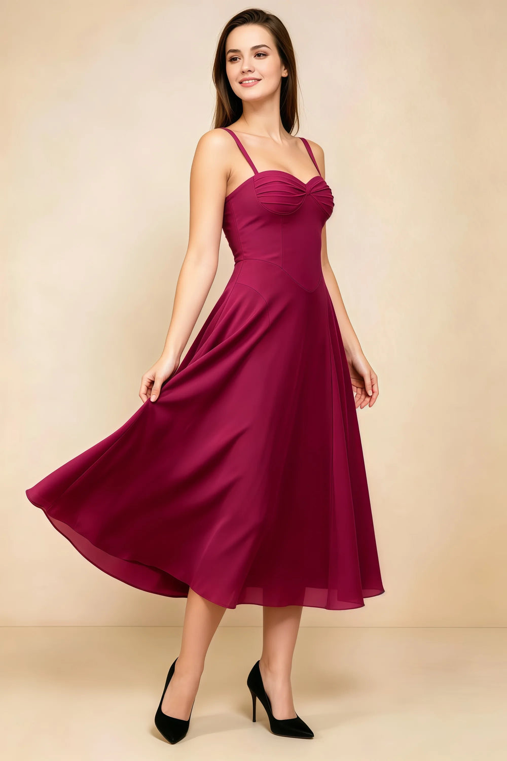 Translation missing: en.Front view of the LVLVS Alessandra burgundy midi dress, showing the gathered sweetheart neckline, shoulder straps and flared skirt. content.product_image_main