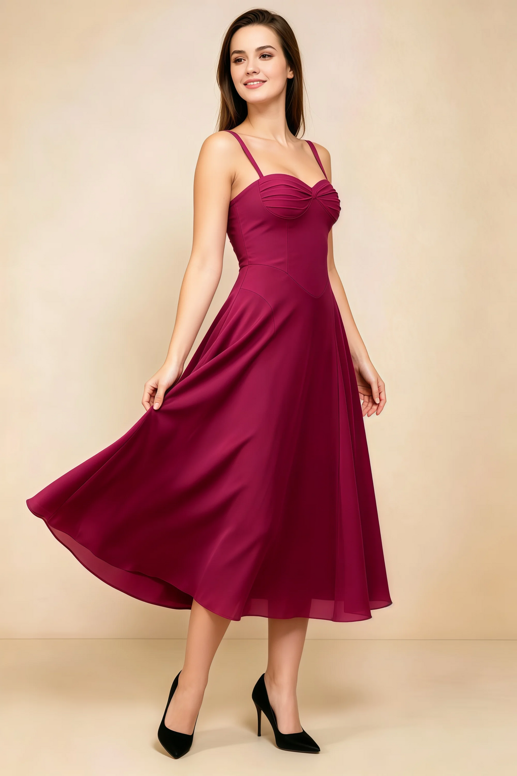 Alessandra Burgundy Chiffon Sweetheart Lace-Up Midi Dress