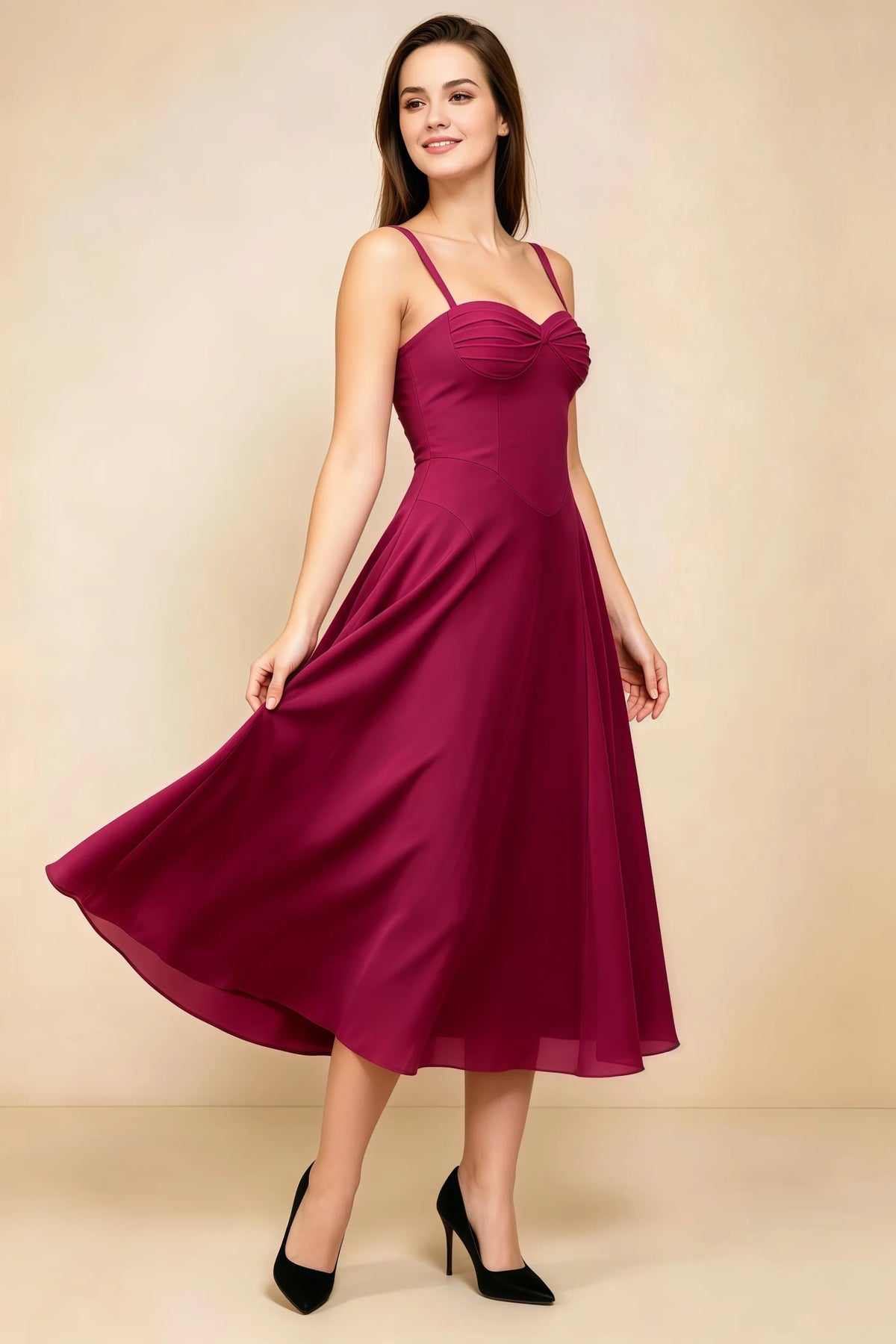 Alessandra Burgundy Chiffon Sweetheart Lace-Up Midi Dress Main image