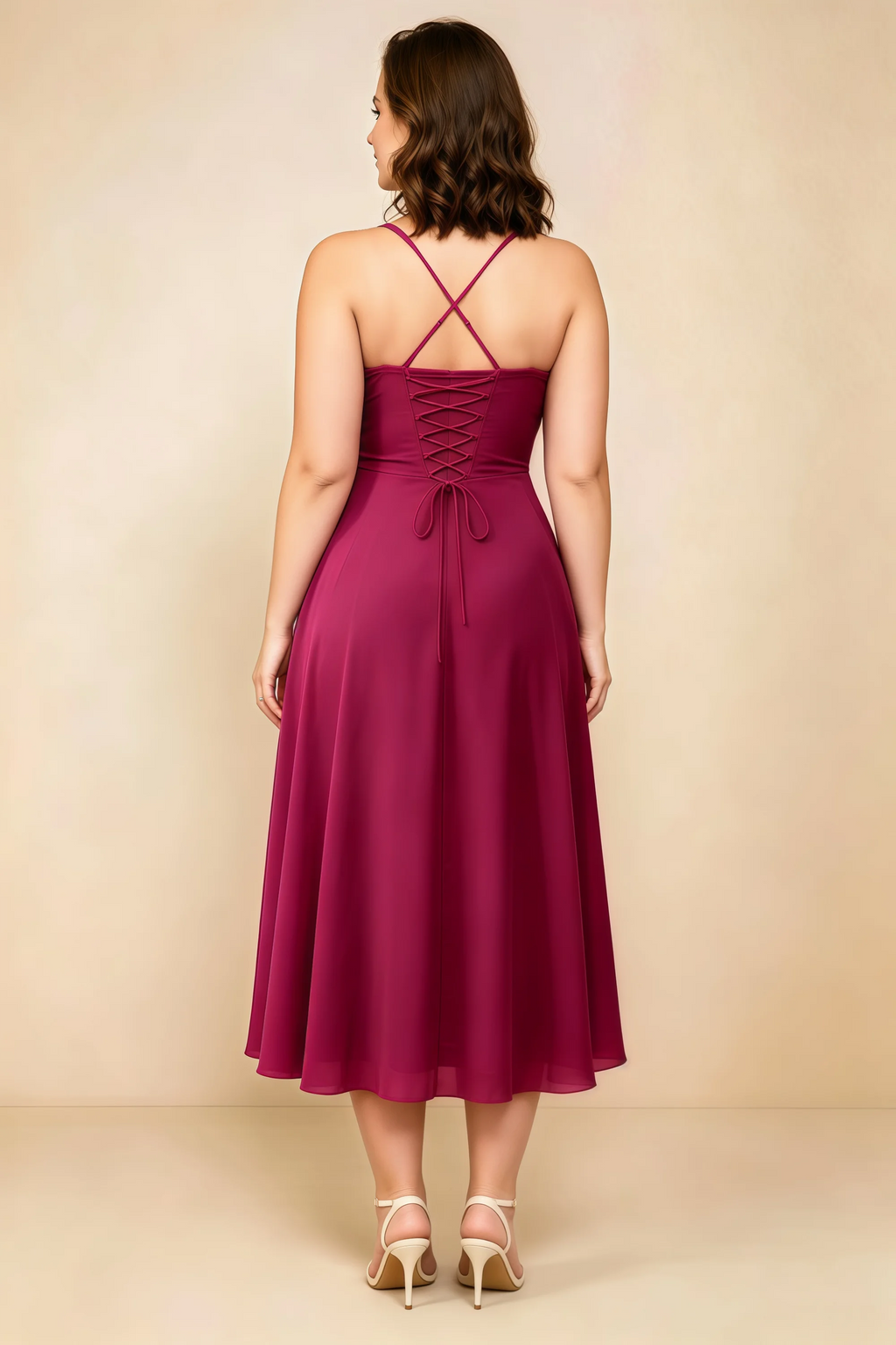Alessandra Burgundy Chiffon Sweetheart Lace-Up Midi Dress