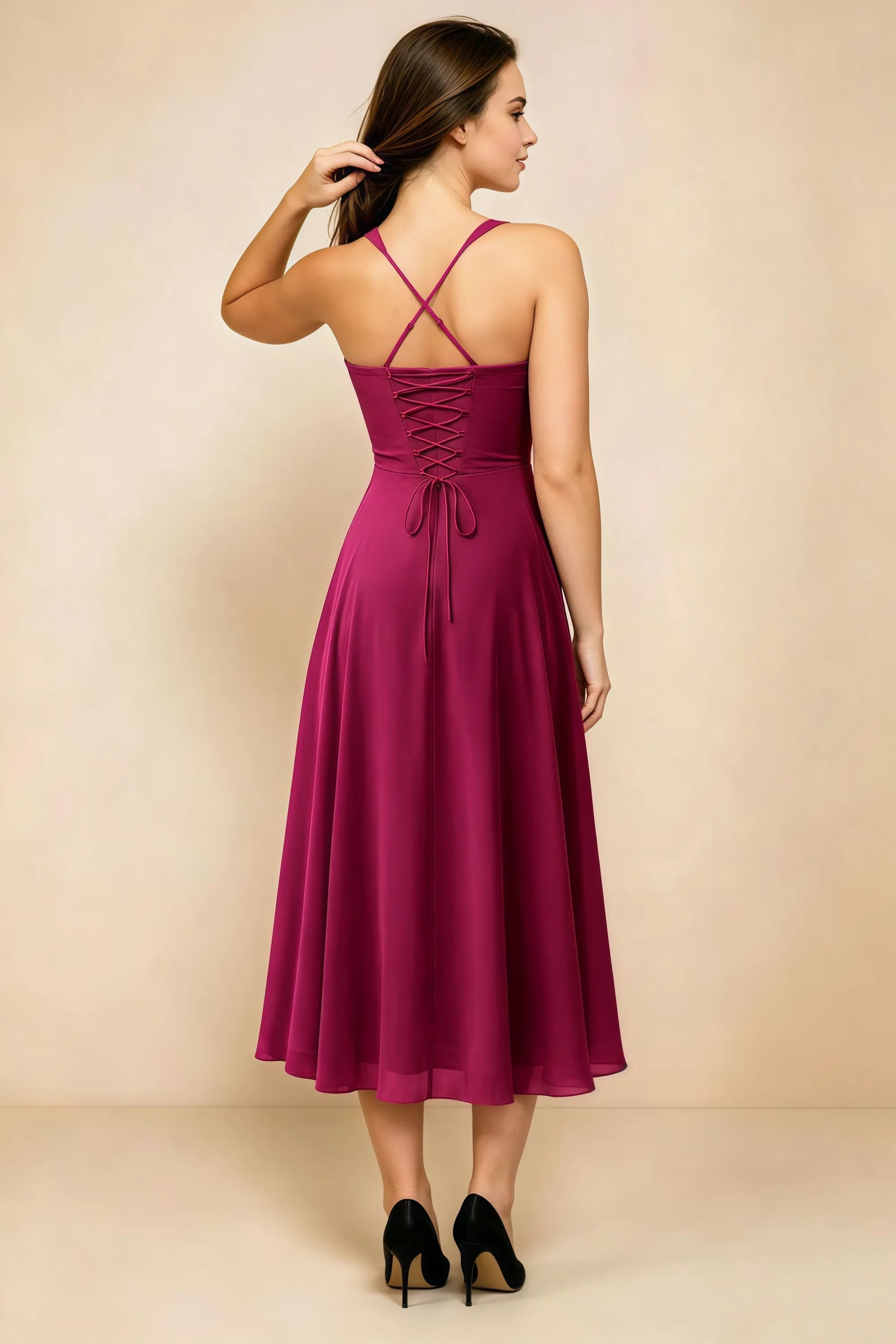 Alessandra Burgundy Chiffon Sweetheart Lace-Up Midi Dress Secondary image