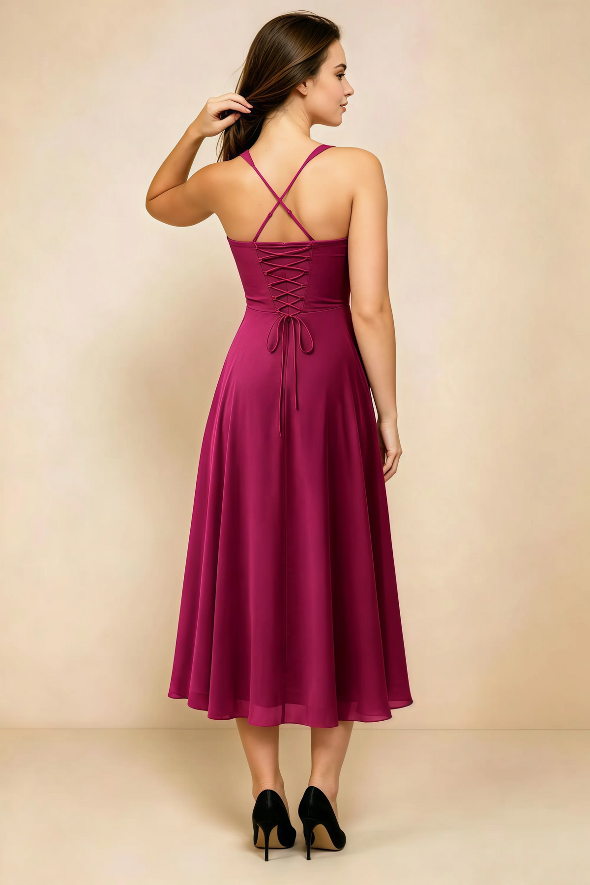 Alessandra Burgundy Chiffon Sweetheart Lace-Up Midi Dress