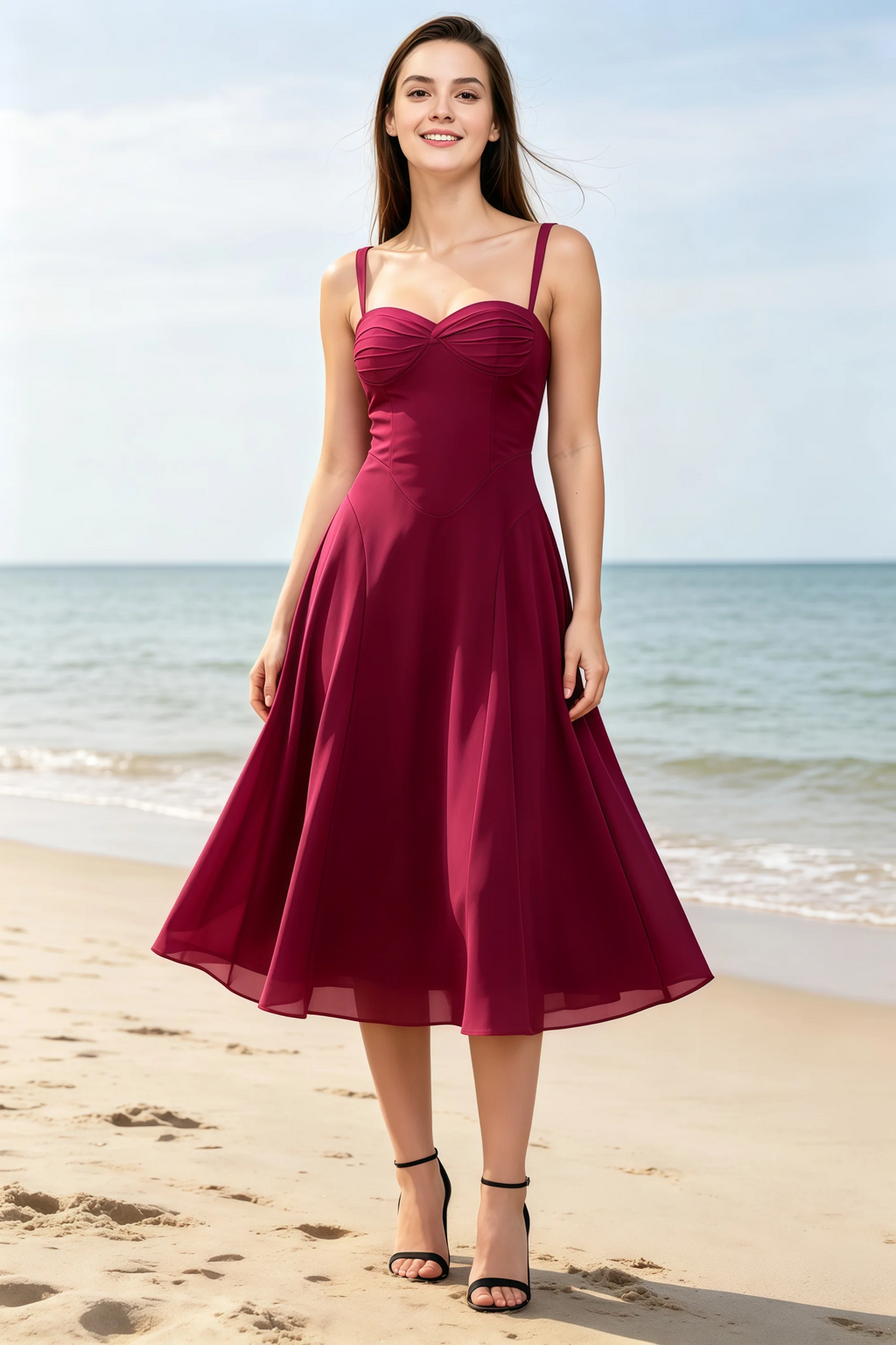 Alessandra Burgundy Chiffon Sweetheart Lace-Up Midi Dress