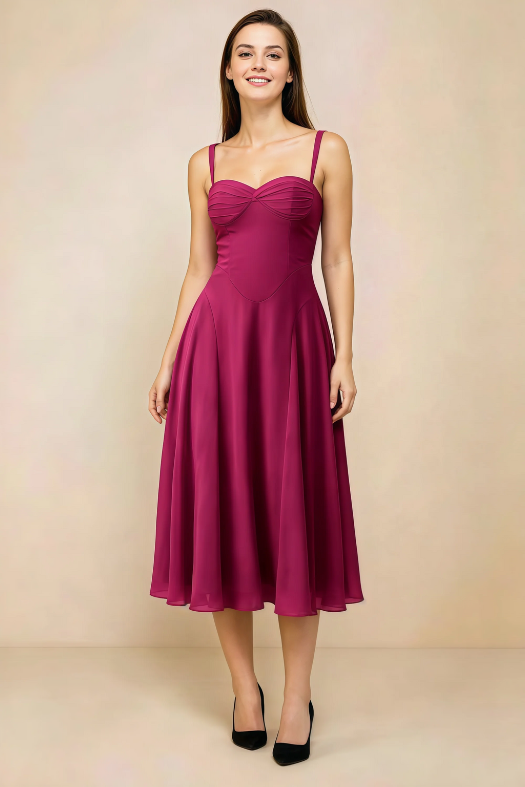 Alessandra Burgundy Chiffon Sweetheart Lace-Up Midi Dress