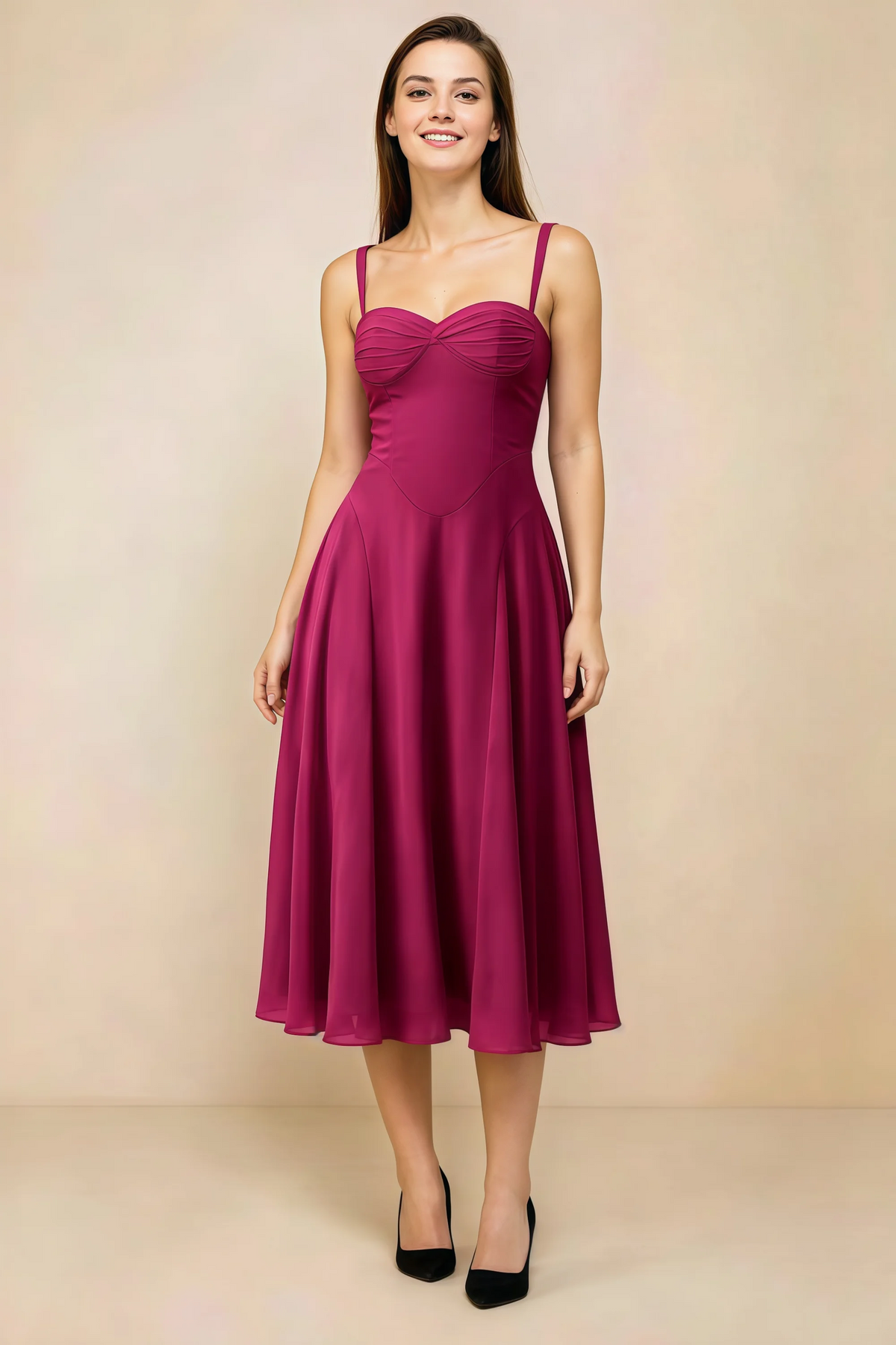 Alessandra Burgundy Chiffon Sweetheart Lace-Up Midi Dress