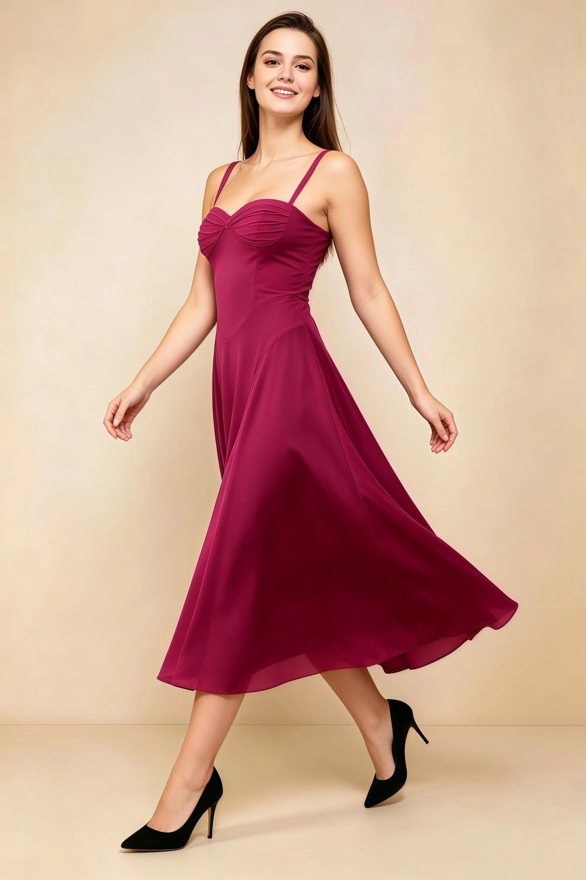 Alessandra Burgundy Chiffon Sweetheart Lace-Up Midi Dress