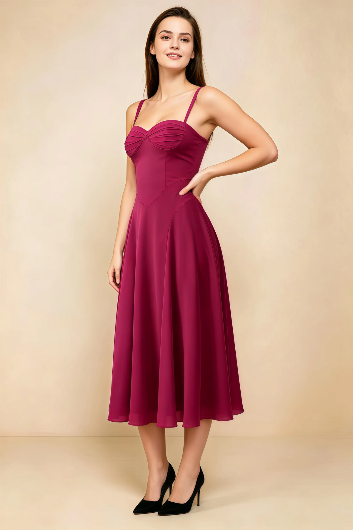 Alessandra Burgundy Chiffon Sweetheart Lace-Up Midi Dress