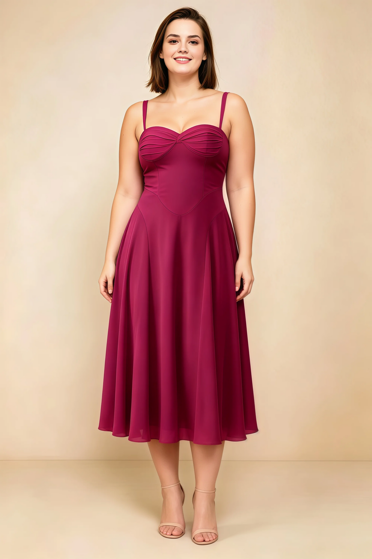 Alessandra Burgundy Chiffon Sweetheart Lace-Up Midi Dress