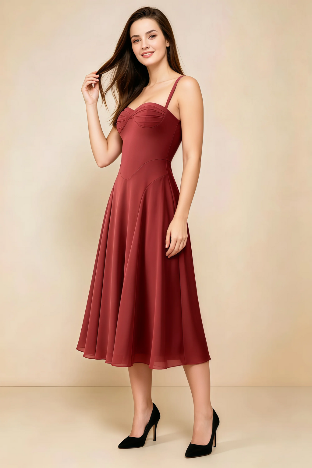 Alessandra Burnt Umber Chiffon Sweetheart Lace-Up Midi Dress