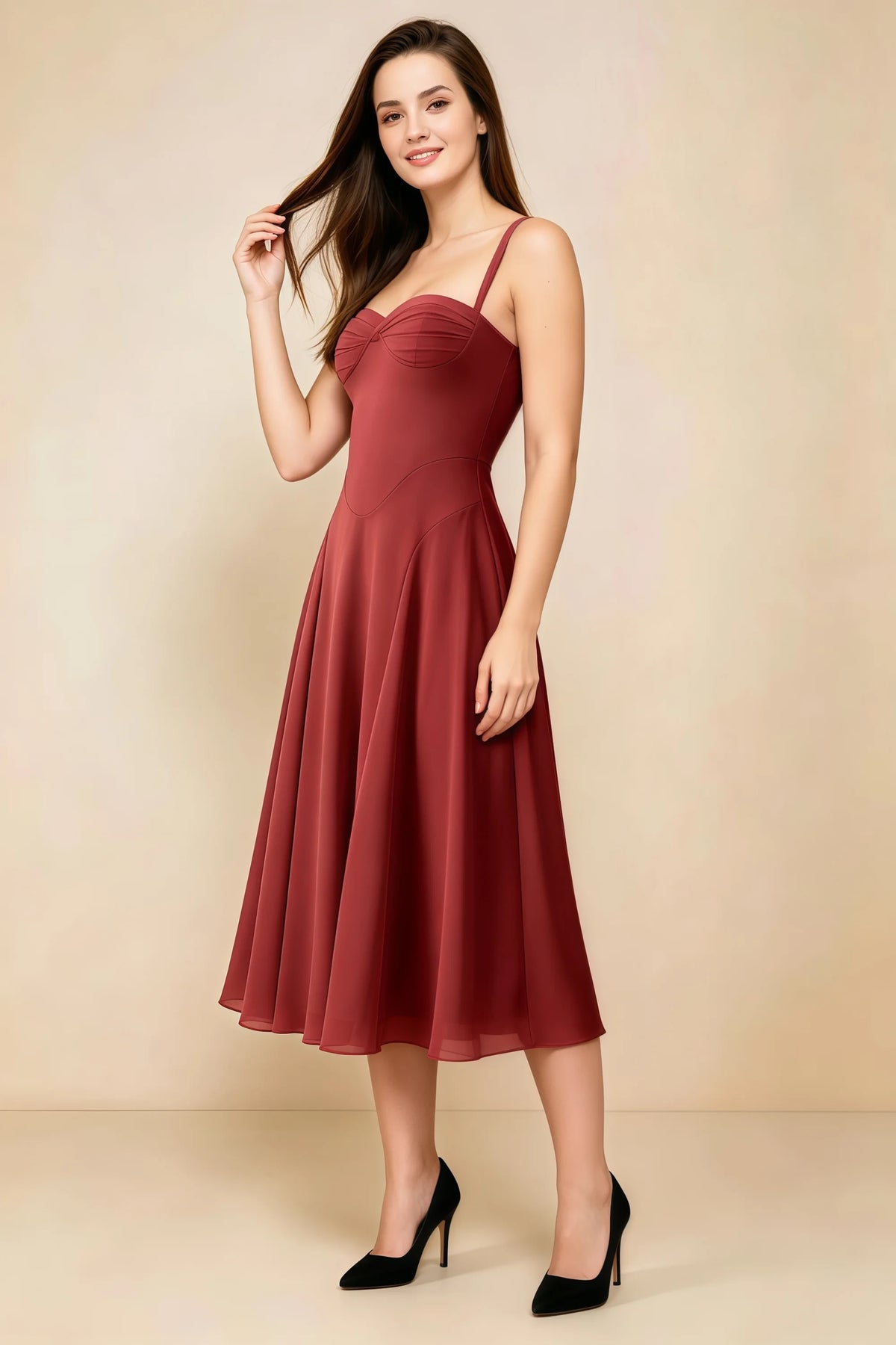 Alessandra Burnt Umber Chiffon Sweetheart Lace-Up Midi Dress Main image
