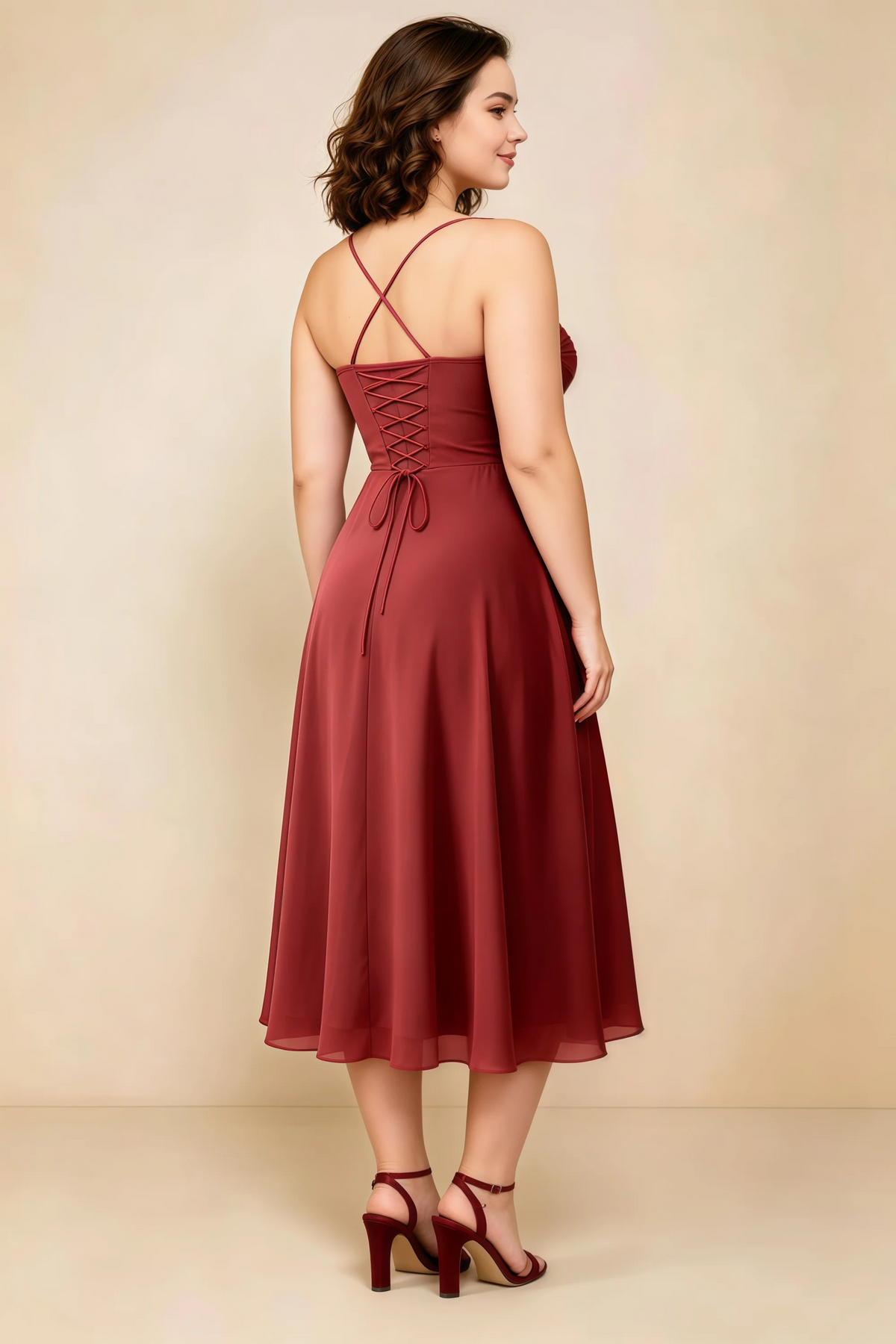 Alessandra Burnt Umber Chiffon Sweetheart Lace-Up Midi Dress