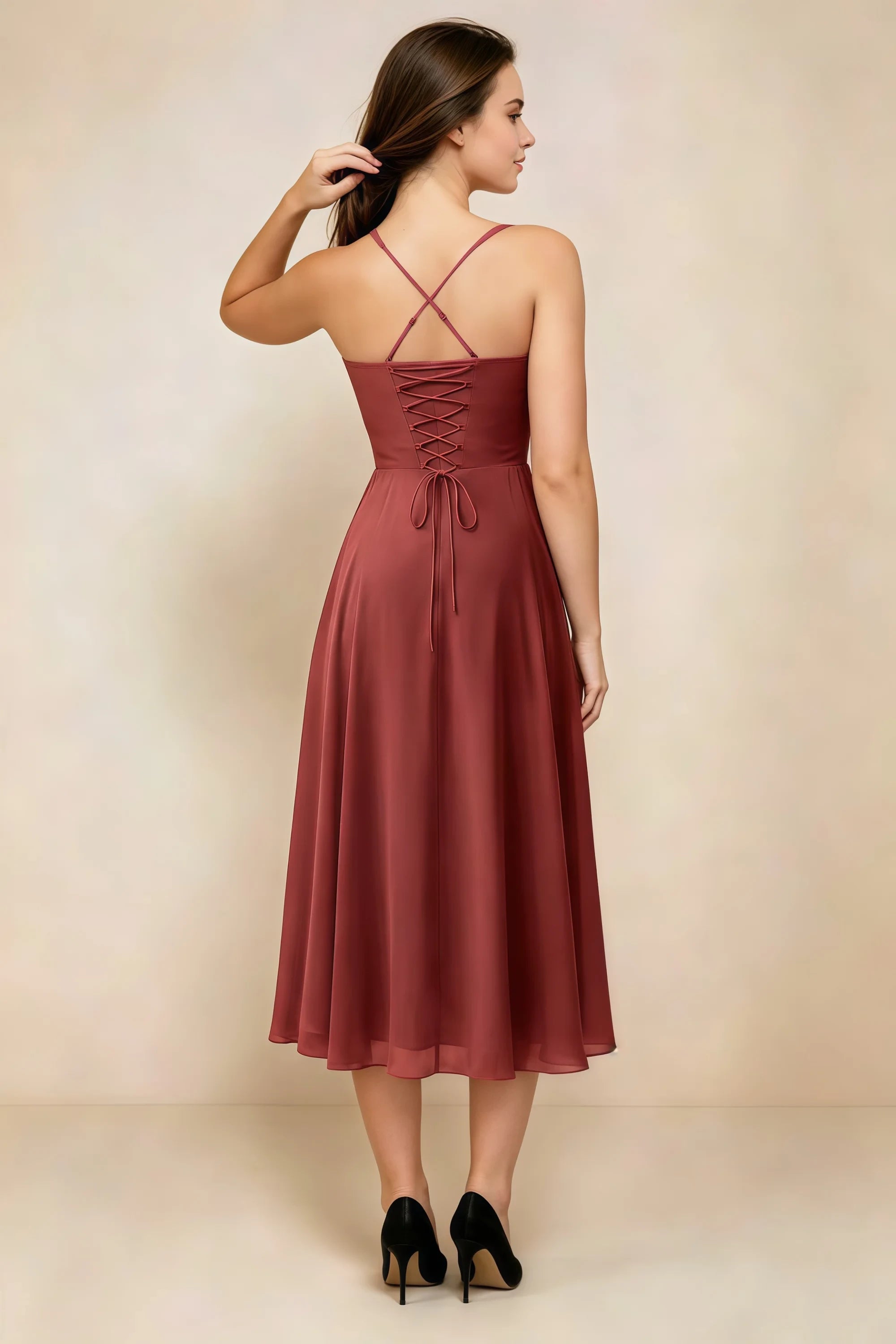 Alessandra Burnt Umber Chiffon Sweetheart Lace-Up Midi Dress Secondary image
