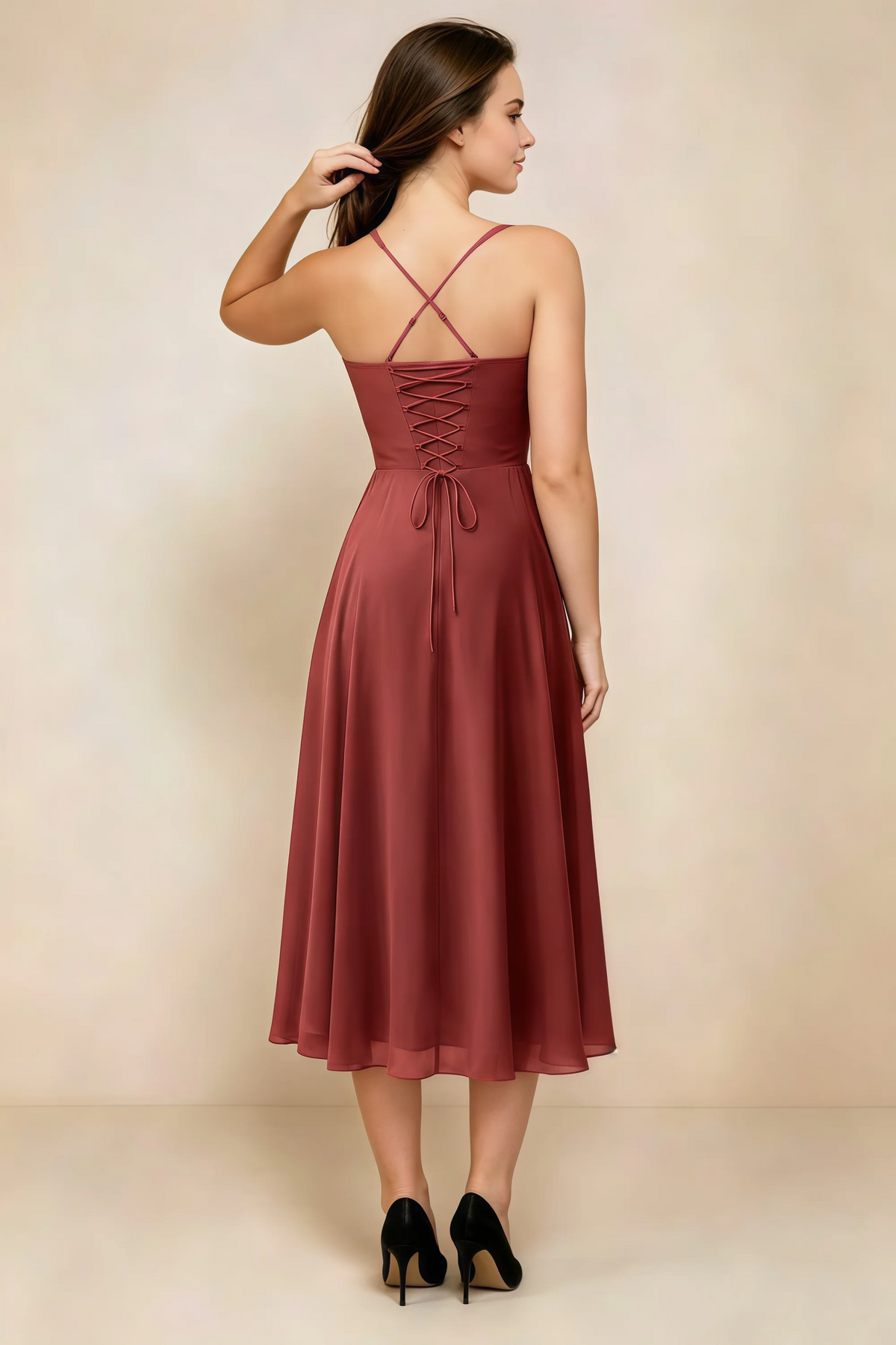 Alessandra Burnt Umber Chiffon Sweetheart Lace-Up Midi Dress