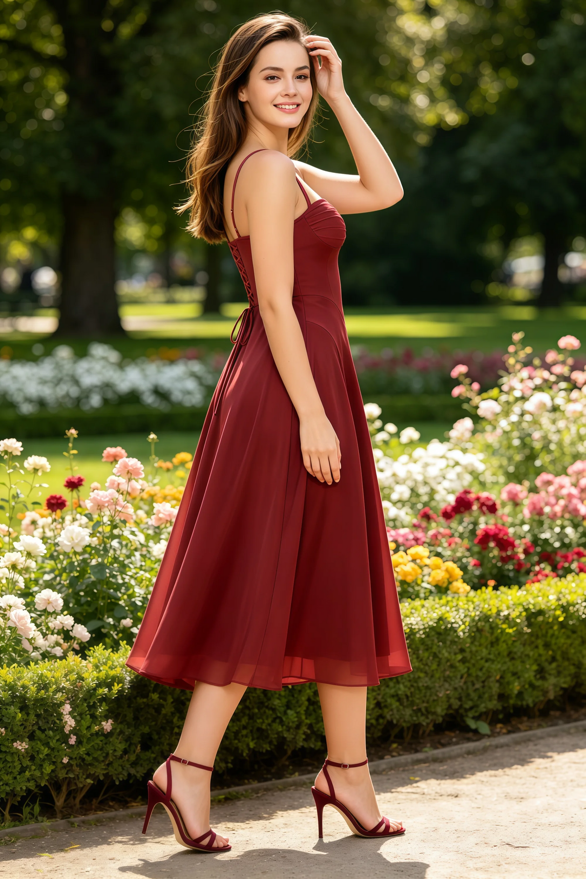 Alessandra Burnt Umber Chiffon Sweetheart Lace-Up Midi Dress