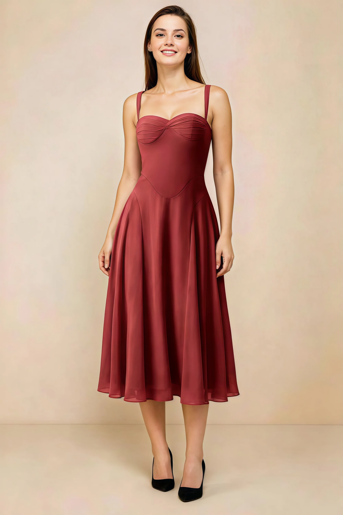 Alessandra Burnt Umber Chiffon Sweetheart Lace-Up Midi Dress