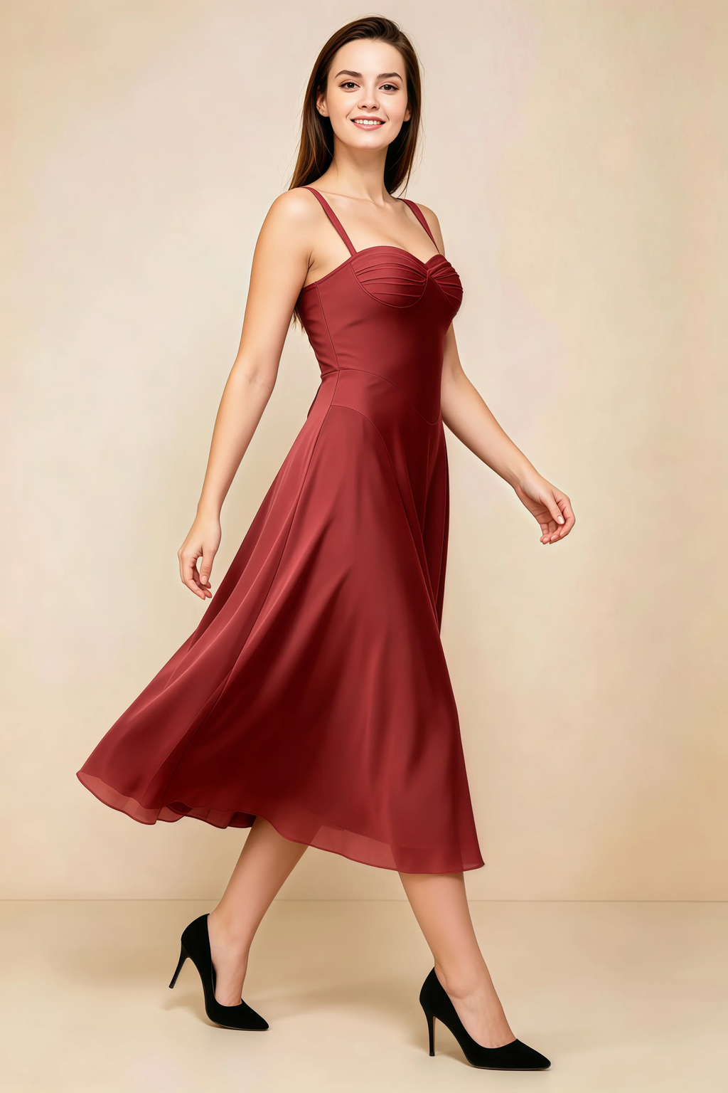 Alessandra Burnt Umber Chiffon Sweetheart Lace-Up Midi Dress