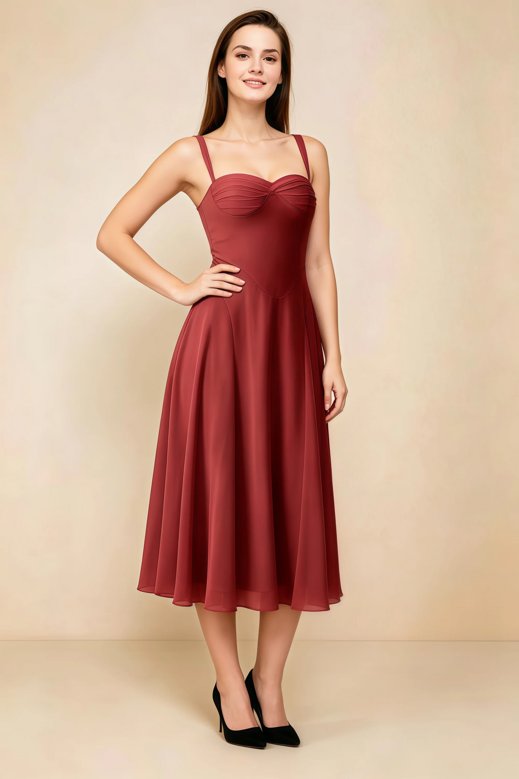 Alessandra Burnt Umber Chiffon Sweetheart Lace-Up Midi Dress