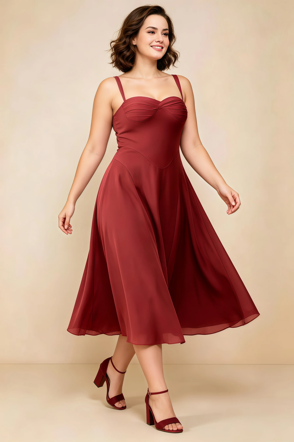 Alessandra Burnt Umber Chiffon Sweetheart Lace-Up Midi Dress