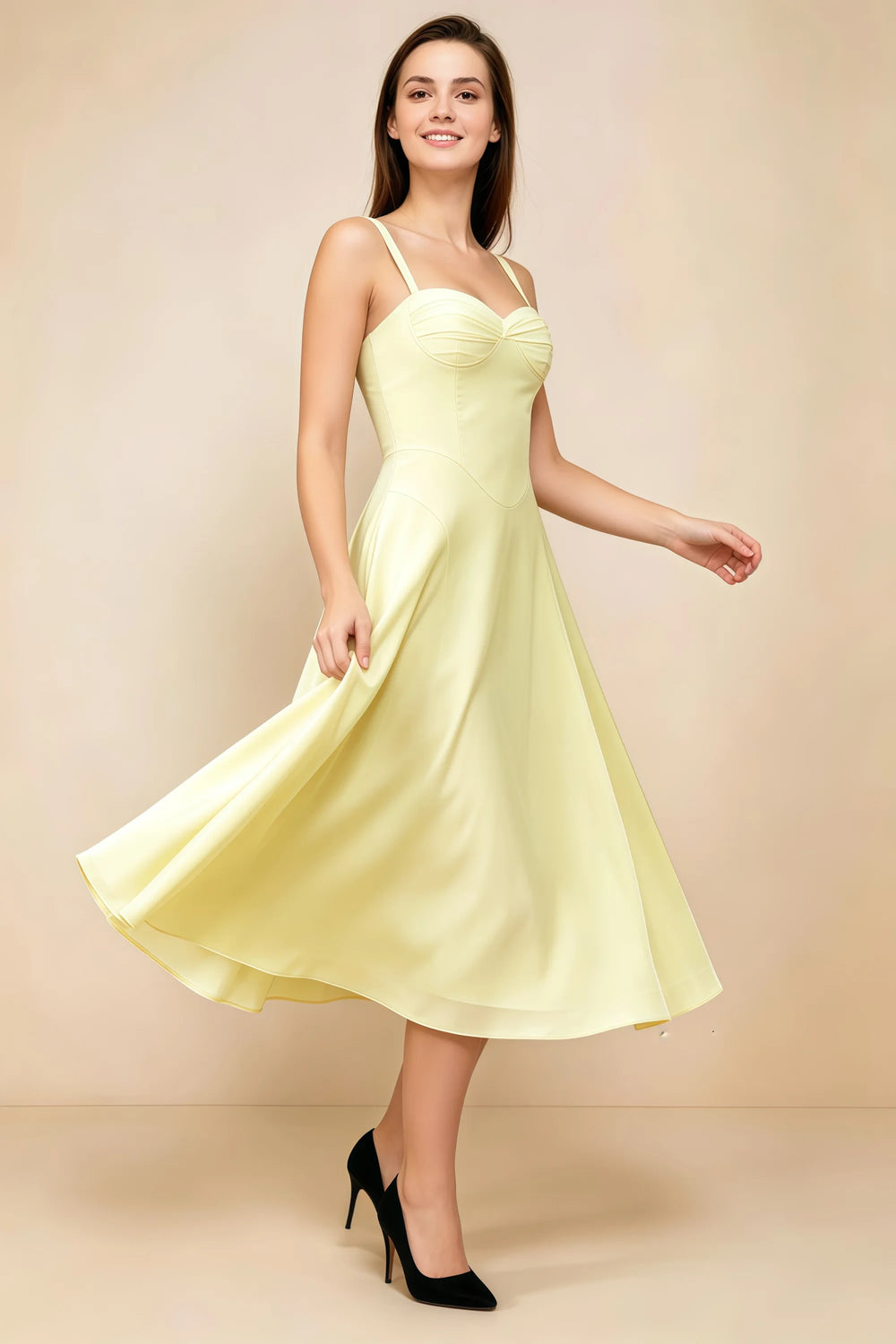 Translation missing: en.Front view of the LVLVS Alessandra butter yellow midi dress, showing the gathered sweetheart neckline, shoulder straps and flared skirt. content.product_image_main