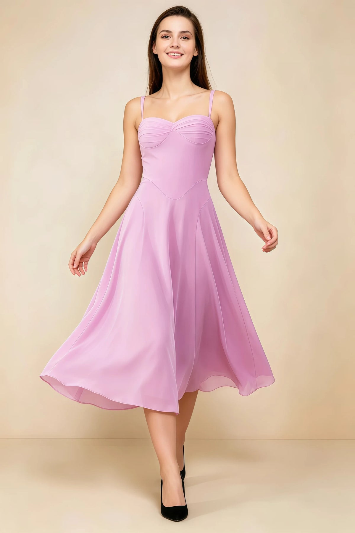 Alessandra Candy Pink Chiffon Sweetheart Lace-Up Midi Dress Main image
