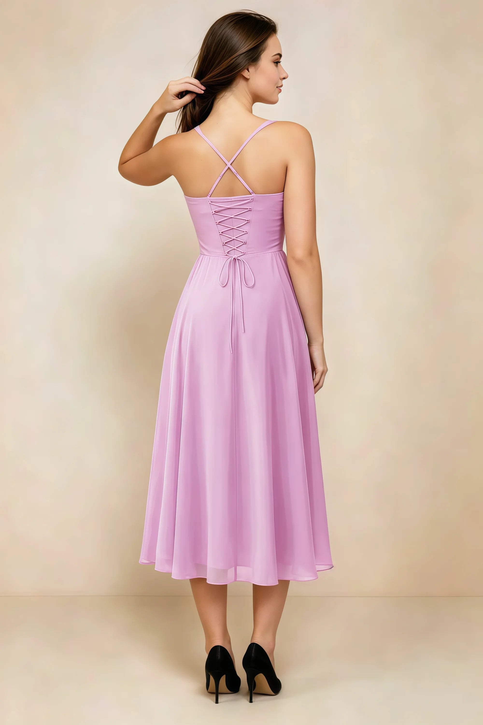 Alessandra Candy Pink Chiffon Sweetheart Lace-Up Midi Dress Secondary image