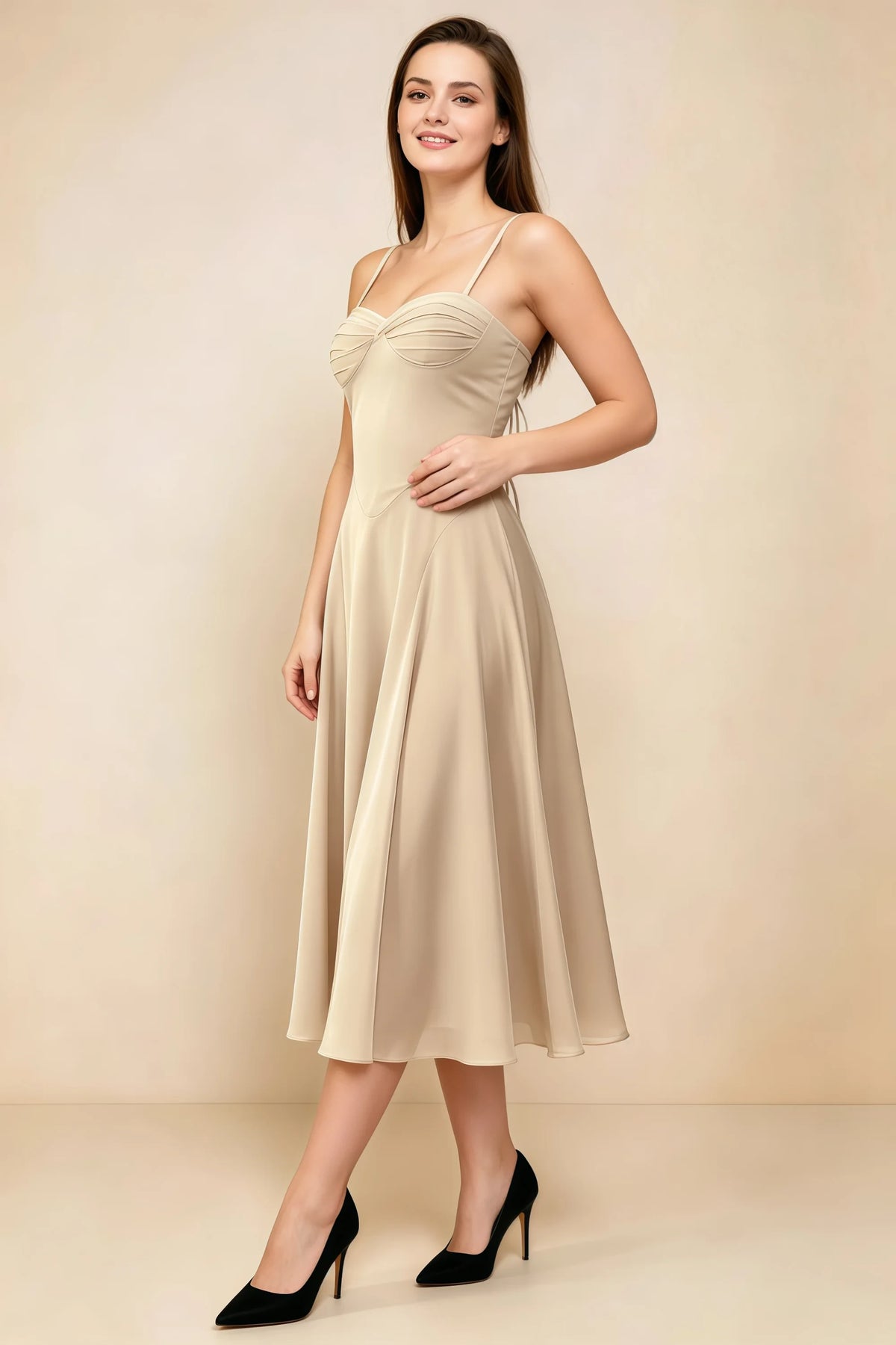 Alessandra Champagne Chiffon Sweetheart Lace-Up Midi Dress Main image