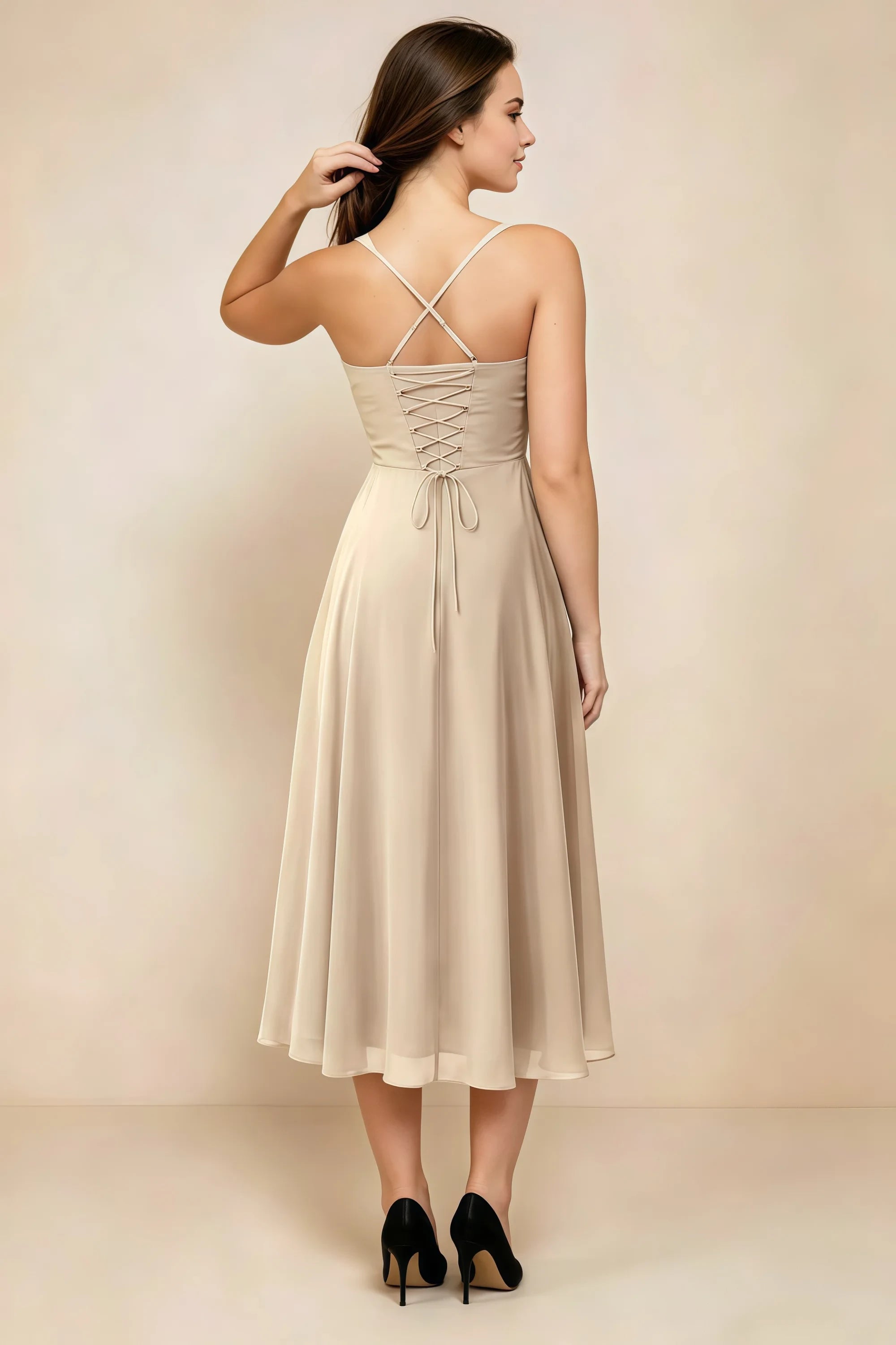 Alessandra Champagne Chiffon Sweetheart Lace-Up Midi Dress Secondary image