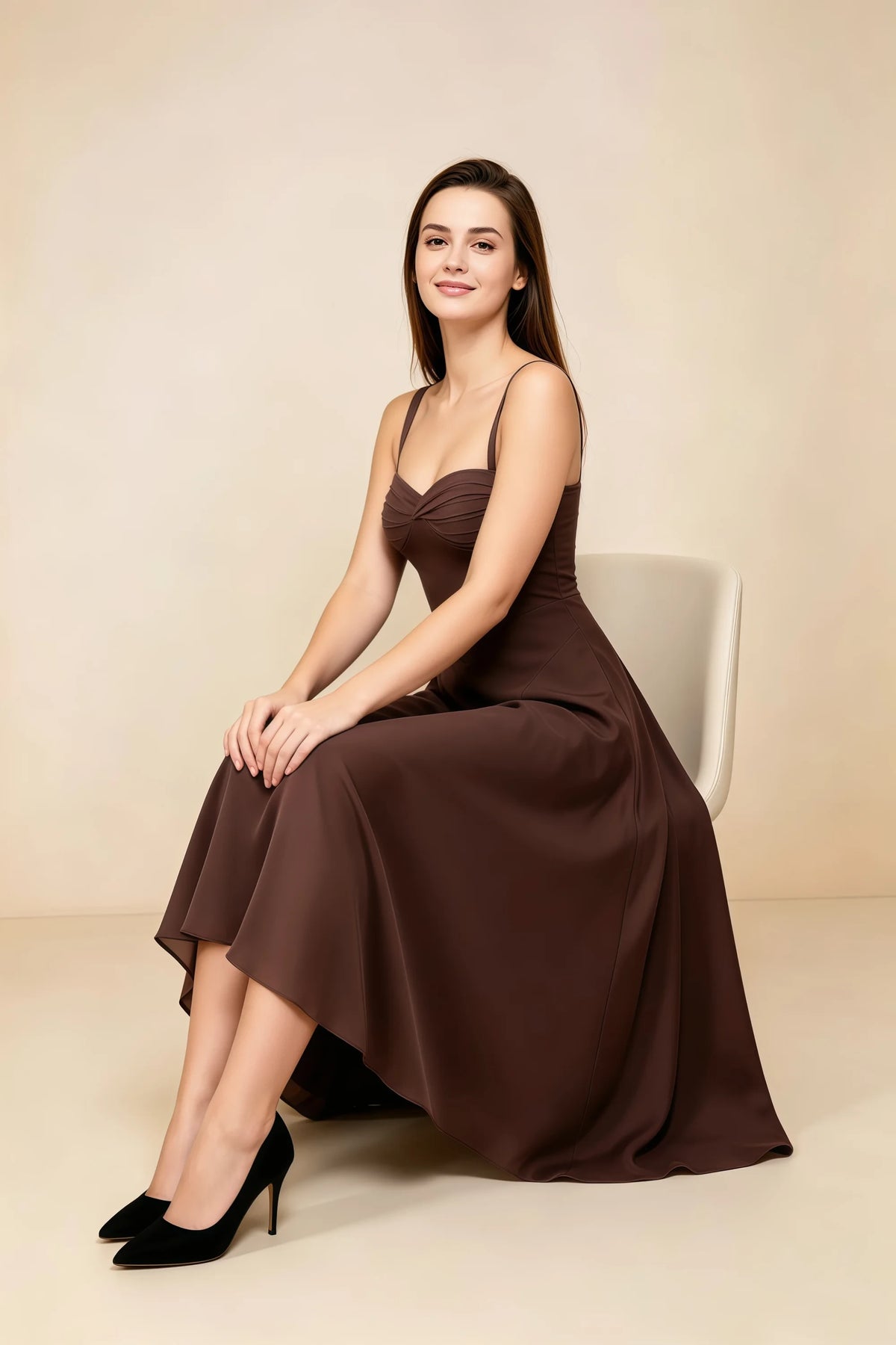 Alessandra Chocolate Chiffon Sweetheart Lace-Up Midi Dress Main image