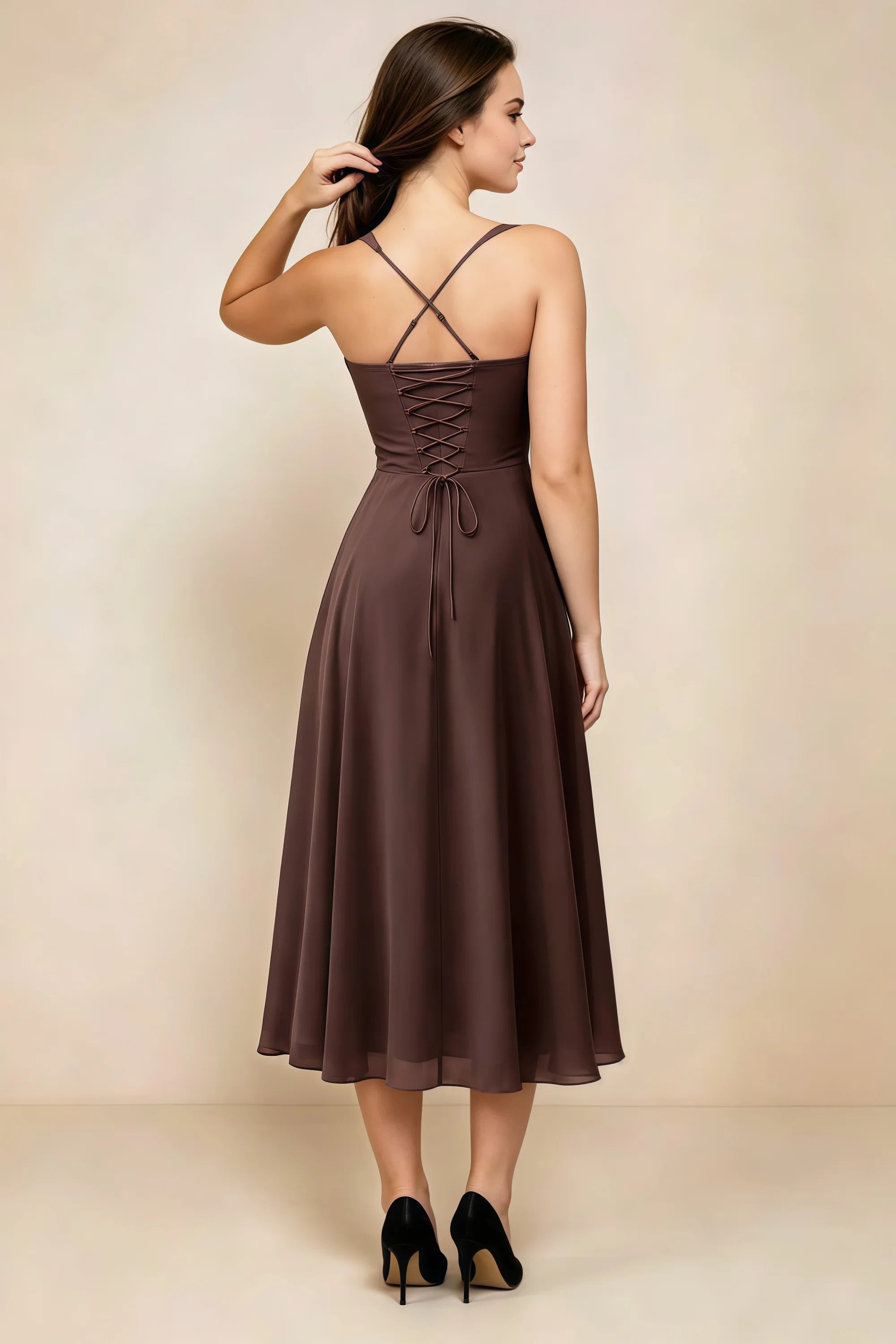 Alessandra Chocolate Chiffon Sweetheart Lace-Up Midi Dress Secondary image