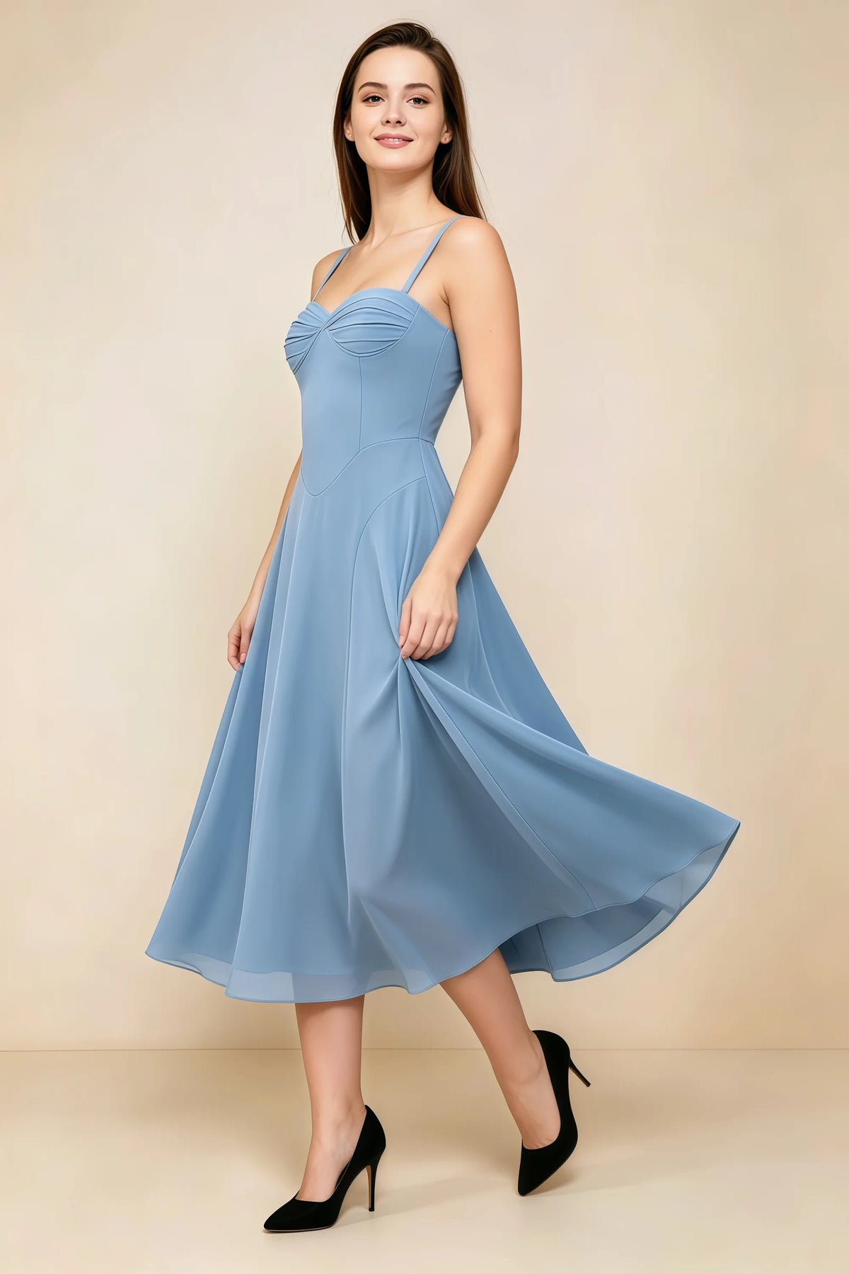 Alessandra Dusty Blue Chiffon Sweetheart Lace-Up Midi Dress Main image