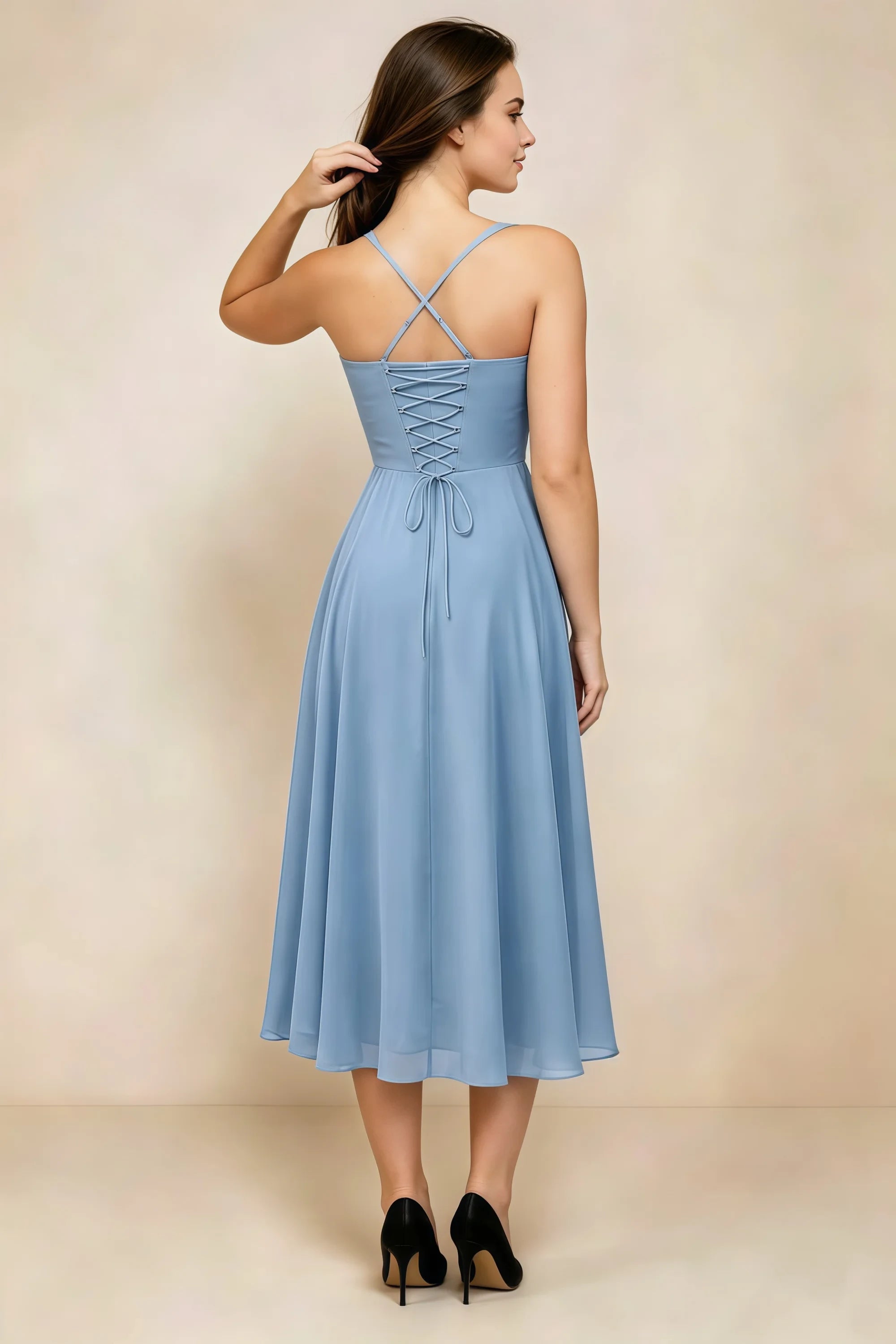 Alessandra Dusty Blue Chiffon Sweetheart Lace-Up Midi Dress Secondary image