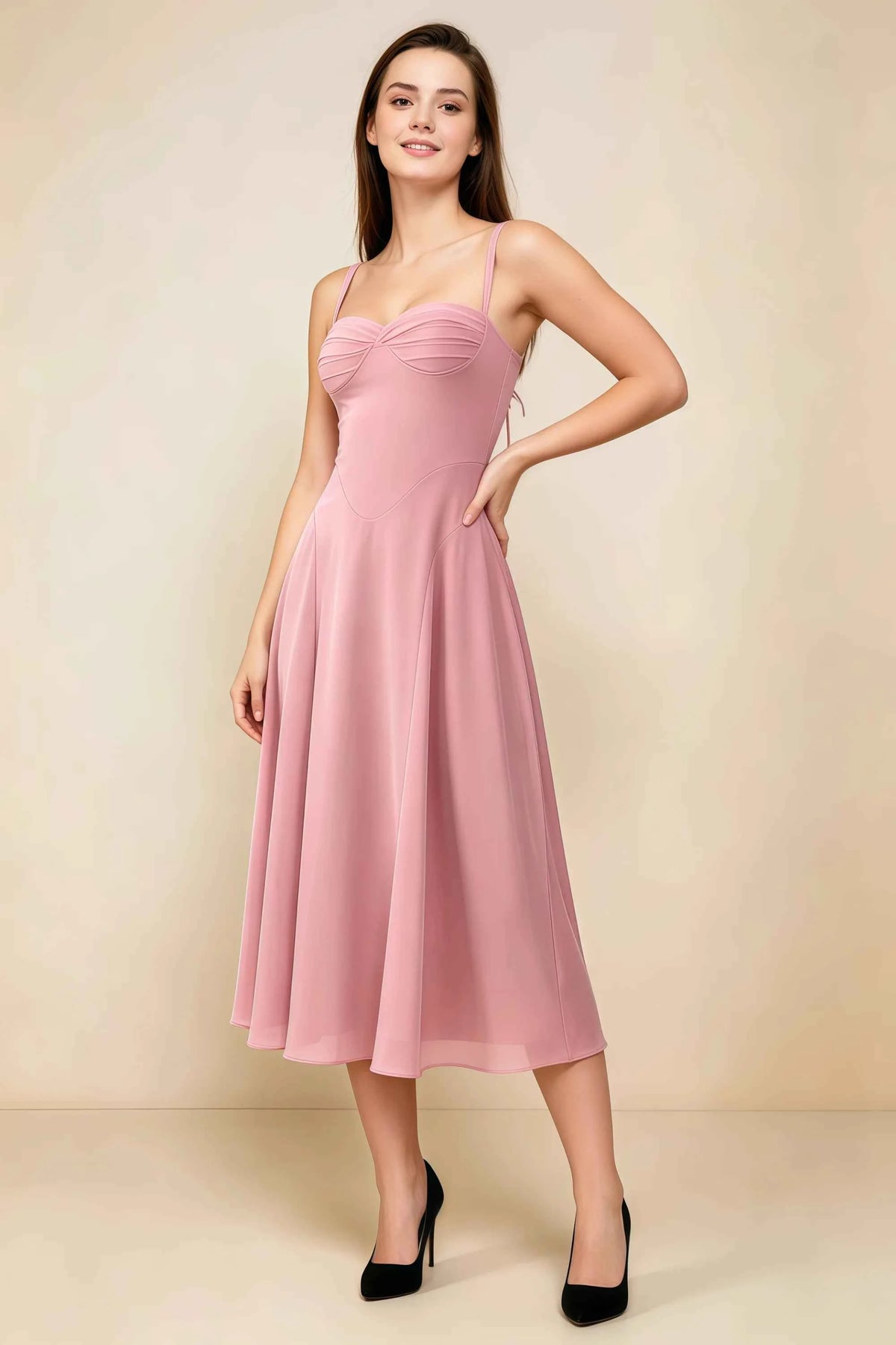 Alessandra Dusty Rose Chiffon Sweetheart Lace-Up Midi Dress Main image