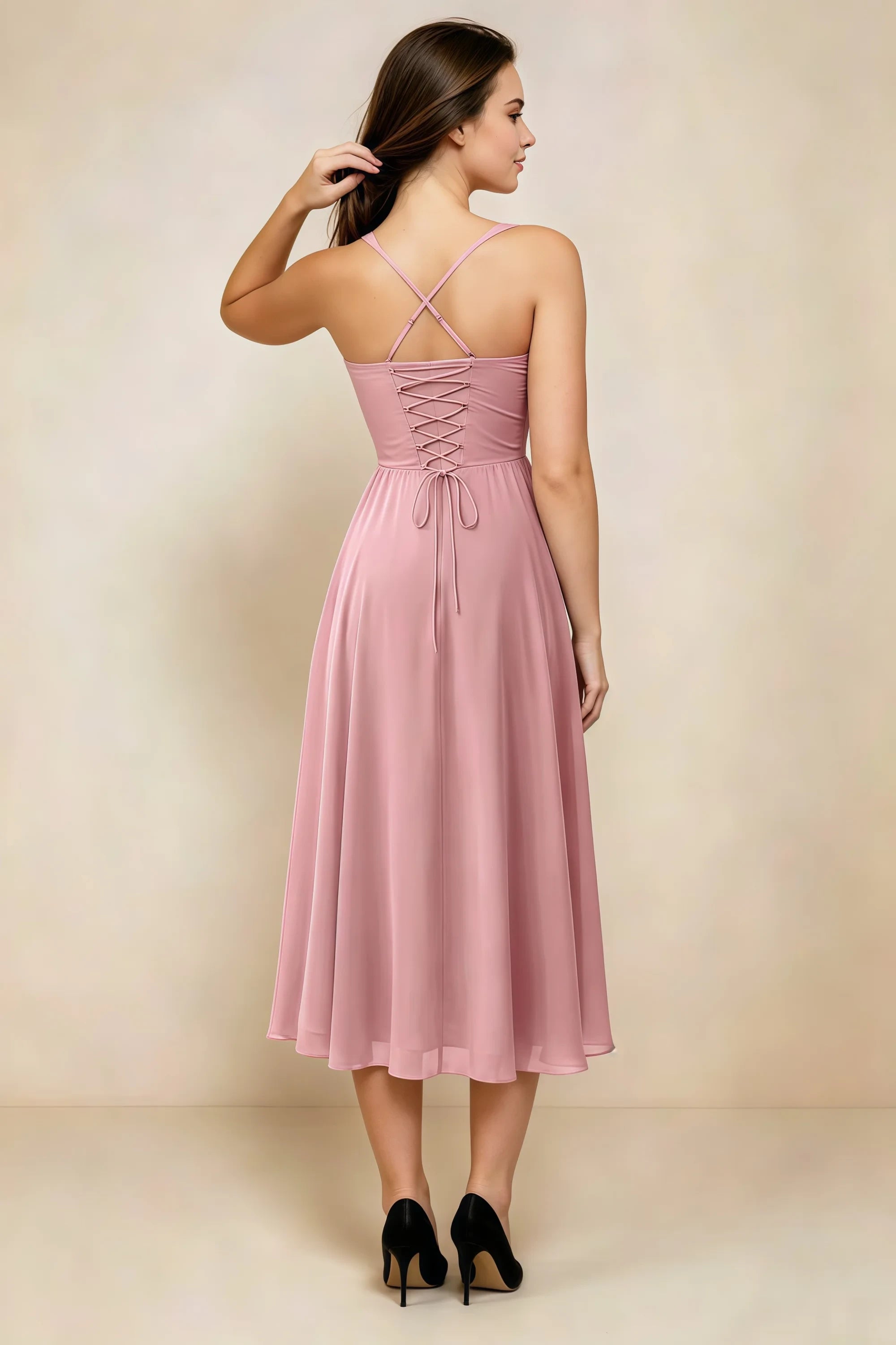 Alessandra Dusty Rose Chiffon Sweetheart Lace-Up Midi Dress Secondary image