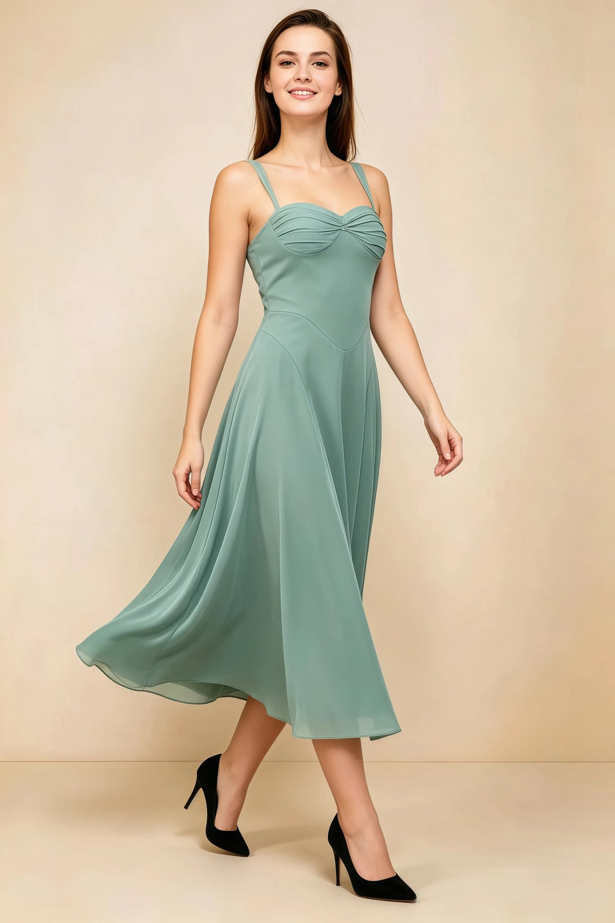 Alessandra Dusty Sage Chiffon Sweetheart Lace-Up Midi Dress Main image