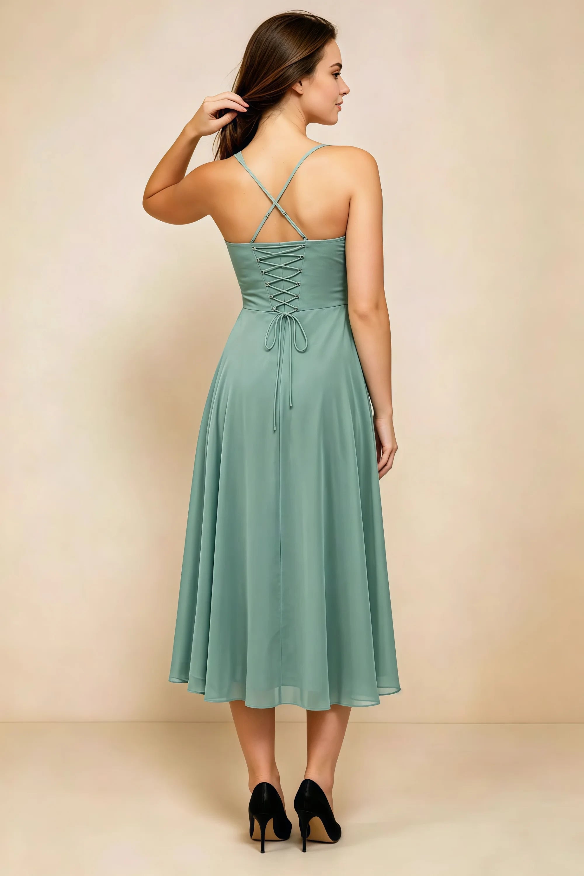 Alessandra Dusty Sage Chiffon Sweetheart Lace-Up Midi Dress Secondary image