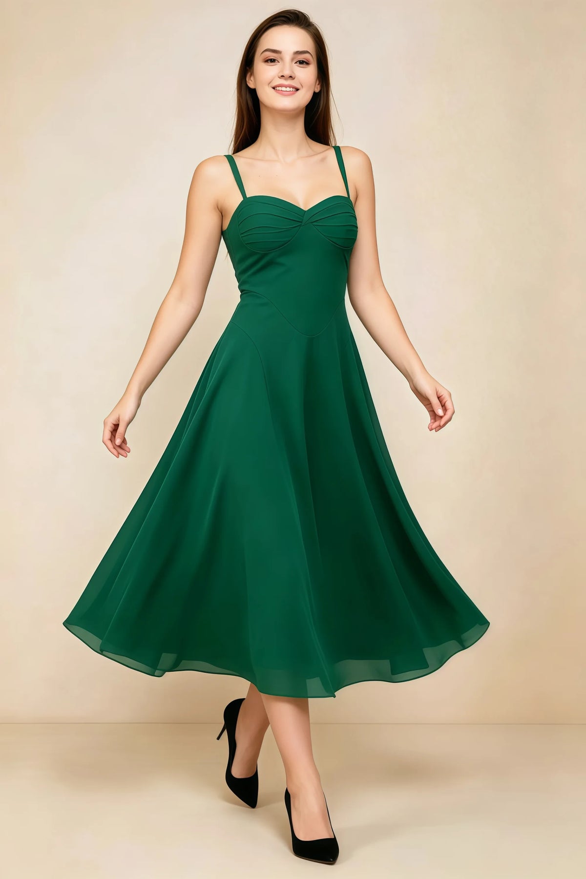 Alessandra Emerald Green Chiffon Sweetheart Lace-Up Midi Dress Main image
