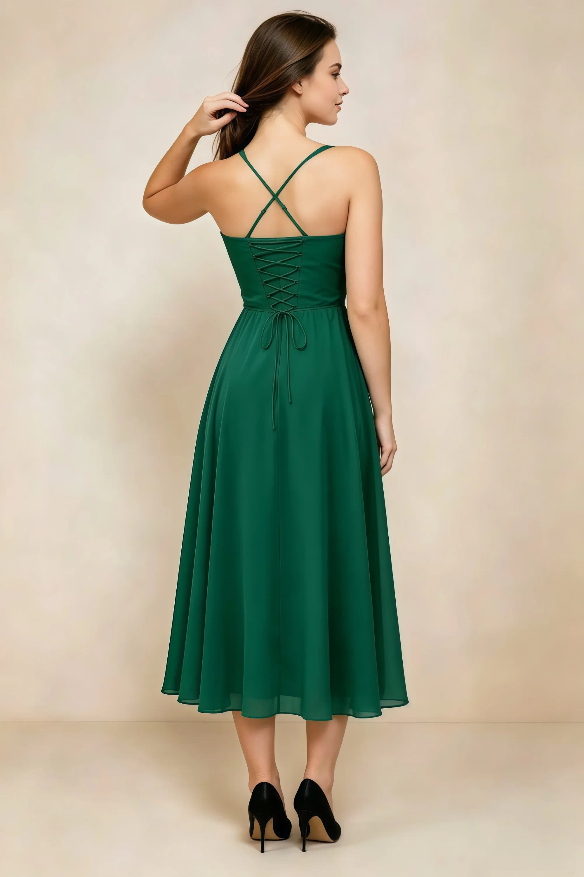 Alessandra Emerald Green Chiffon Sweetheart Lace-Up Midi Dress Secondary image