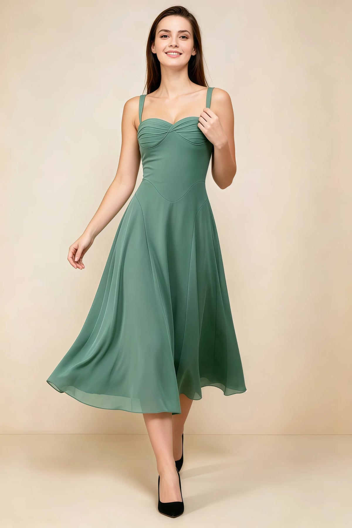 Alessandra Eucalyptus Chiffon Sweetheart Lace-Up Midi Dress Main image