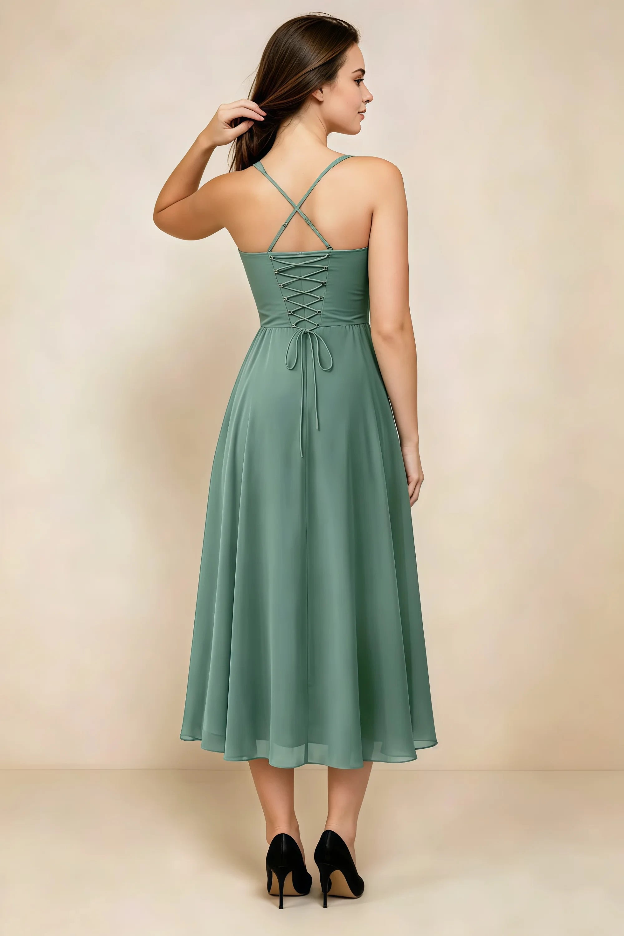 Alessandra Eucalyptus Chiffon Sweetheart Lace-Up Midi Dress Secondary image