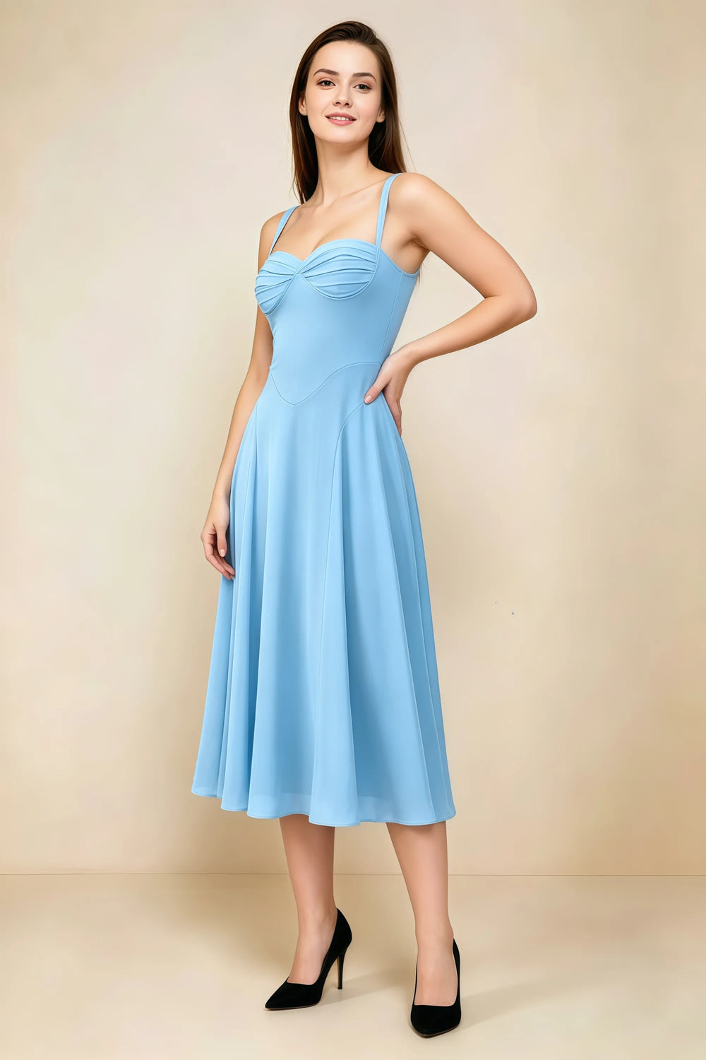 Translation missing: en.Front view of the LVLVS Alessandra haze blue midi dress, showing the gathered sweetheart neckline, shoulder straps and flared skirt. content.product_image_main