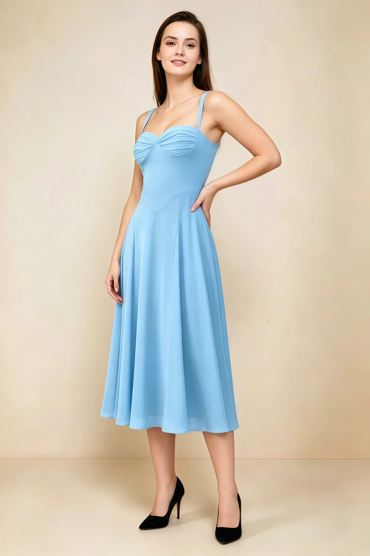 Alessandra Haze Blue Chiffon Sweetheart Lace-Up Midi Dress Main image