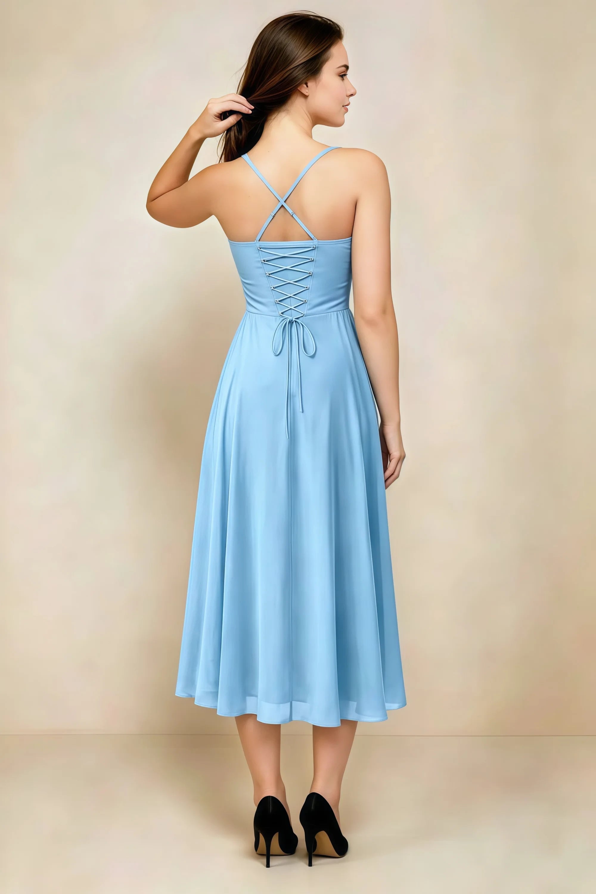 Alessandra Haze Blue Chiffon Sweetheart Lace-Up Midi Dress Secondary image