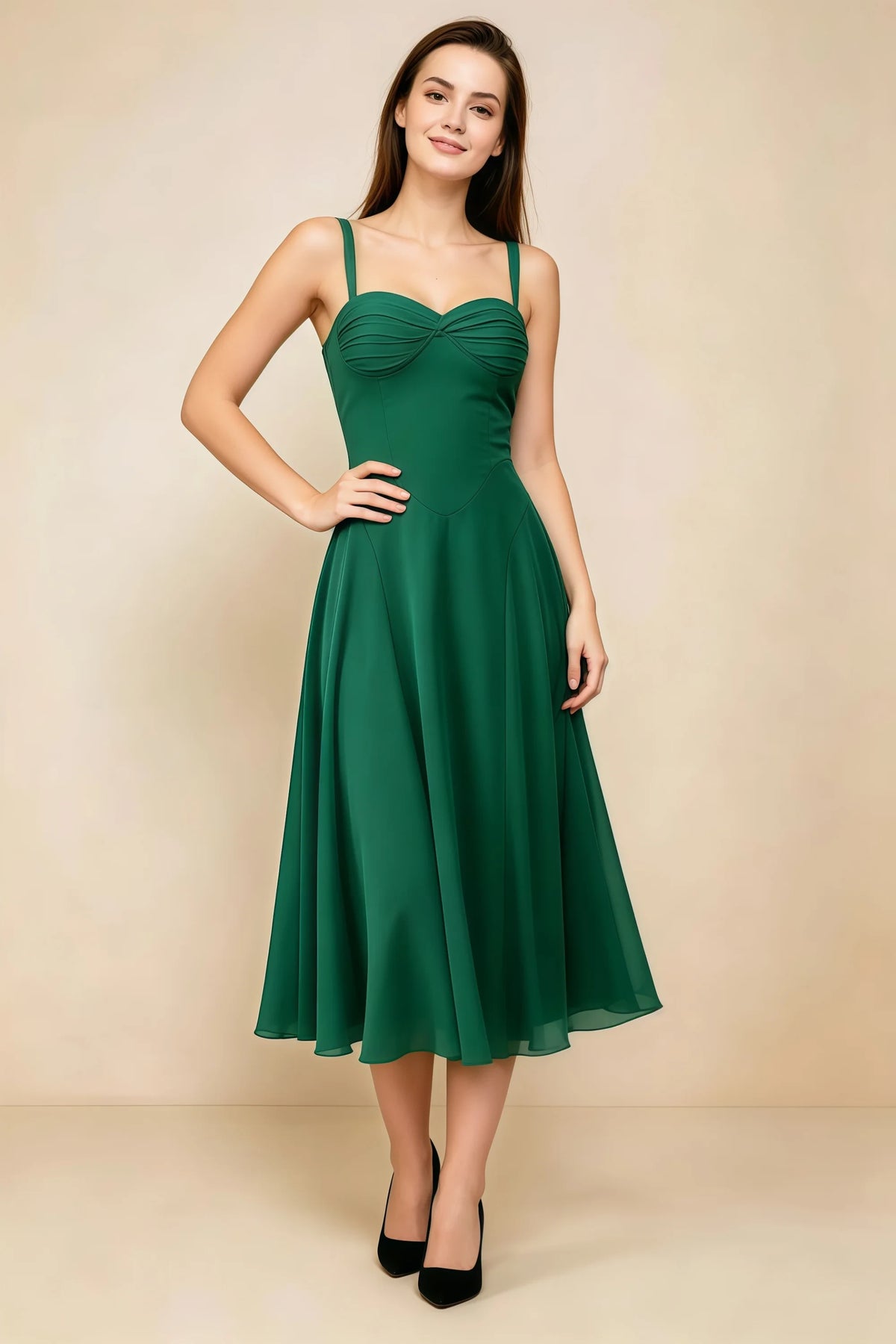 Alessandra Hunter Green Chiffon Sweetheart Lace-Up Midi Dress Main image