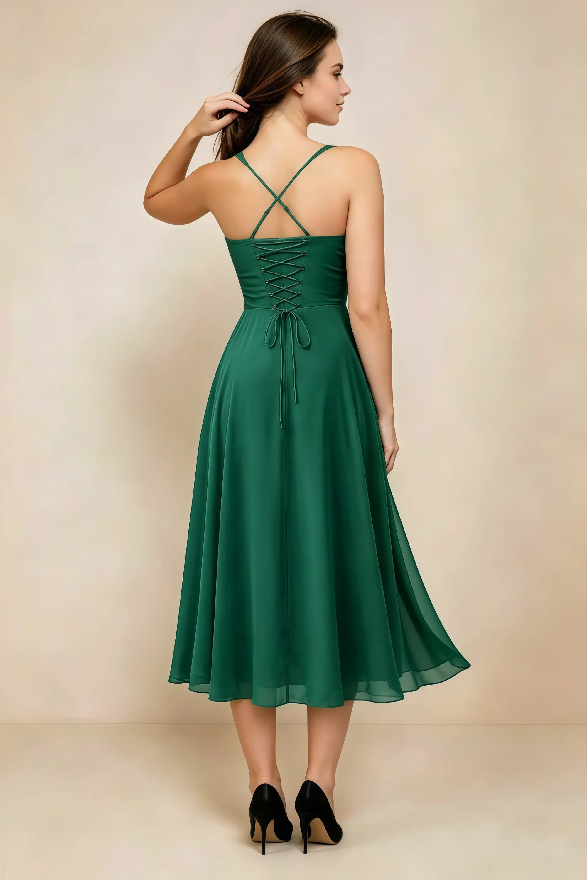 Alessandra Hunter Green Chiffon Sweetheart Lace-Up Midi Dress Secondary image