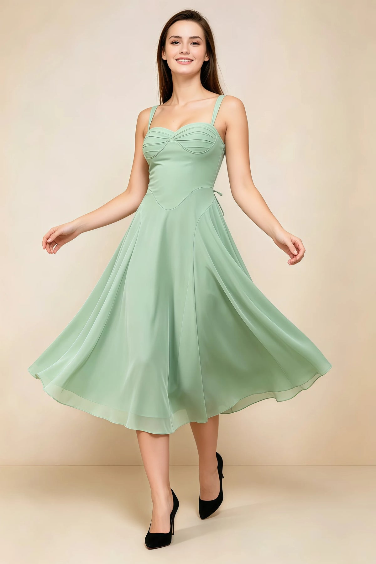 Alessandra Light Green Chiffon Sweetheart Lace-Up Midi Dress Main image