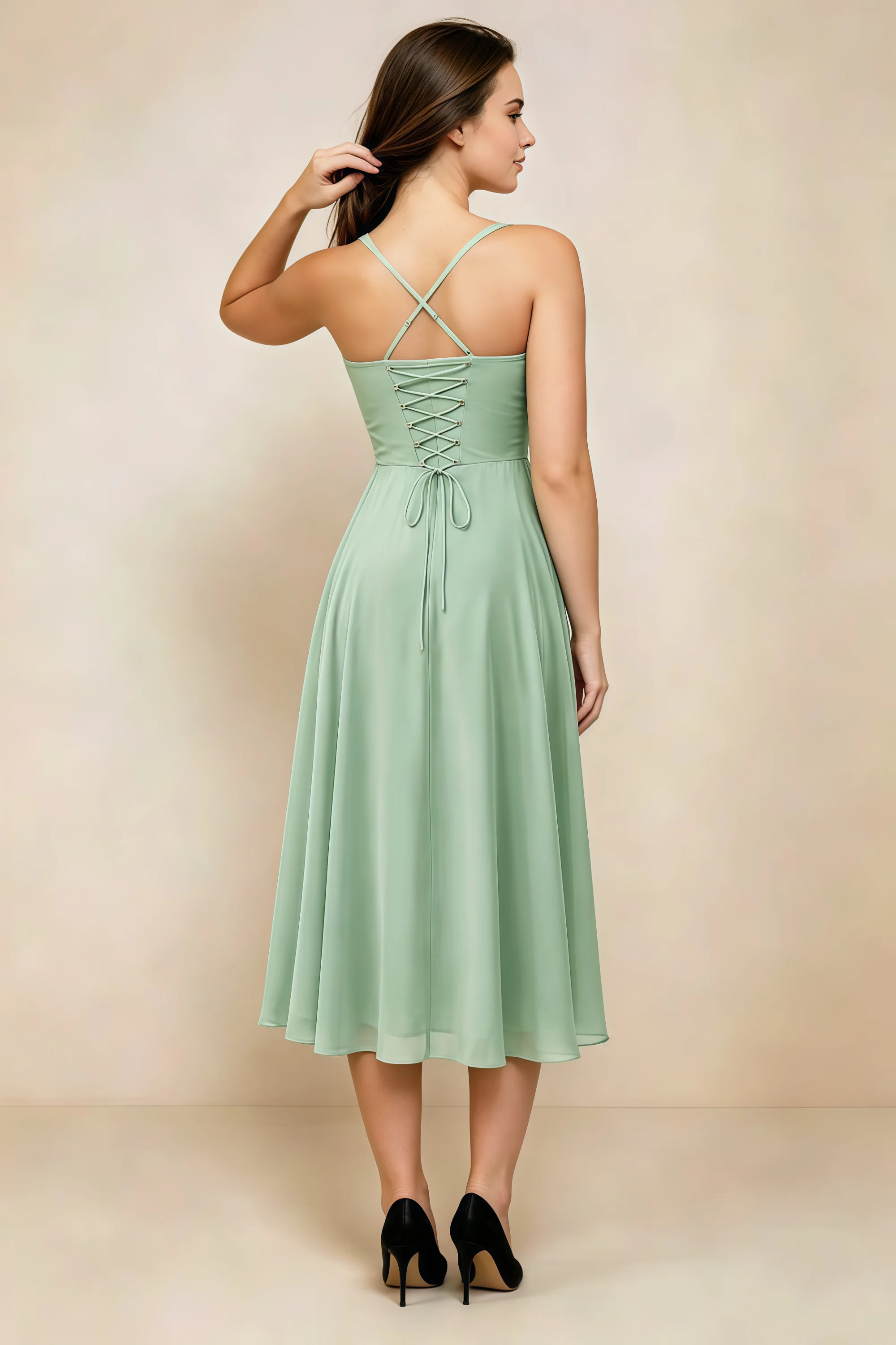 Alessandra Light Green Chiffon Sweetheart Lace-Up Midi Dress Secondary image