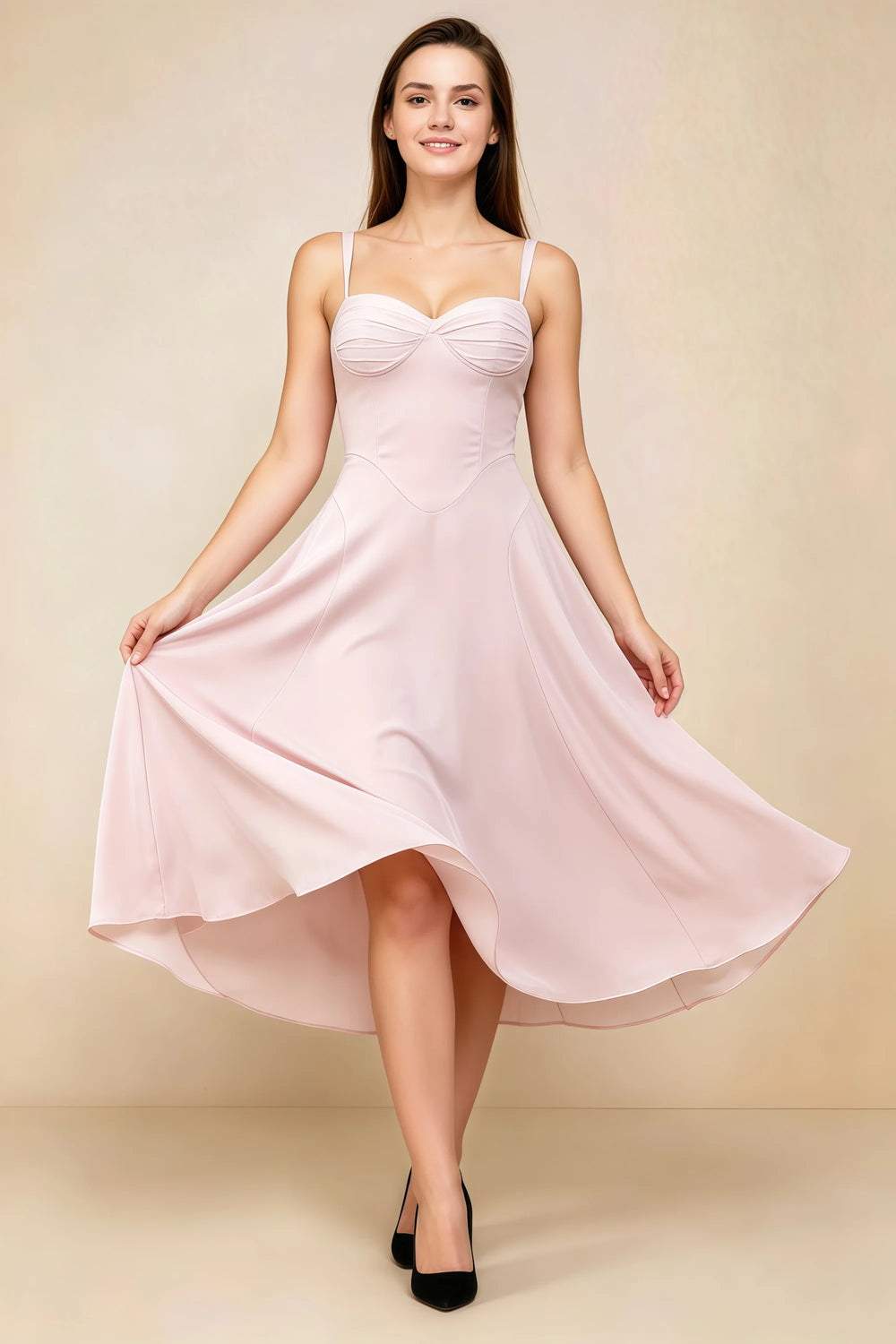 Translation missing: en.Front view of the LVLVS Alessandra light pink midi dress, showing the gathered sweetheart neckline, shoulder straps and flared skirt. content.product_image_main