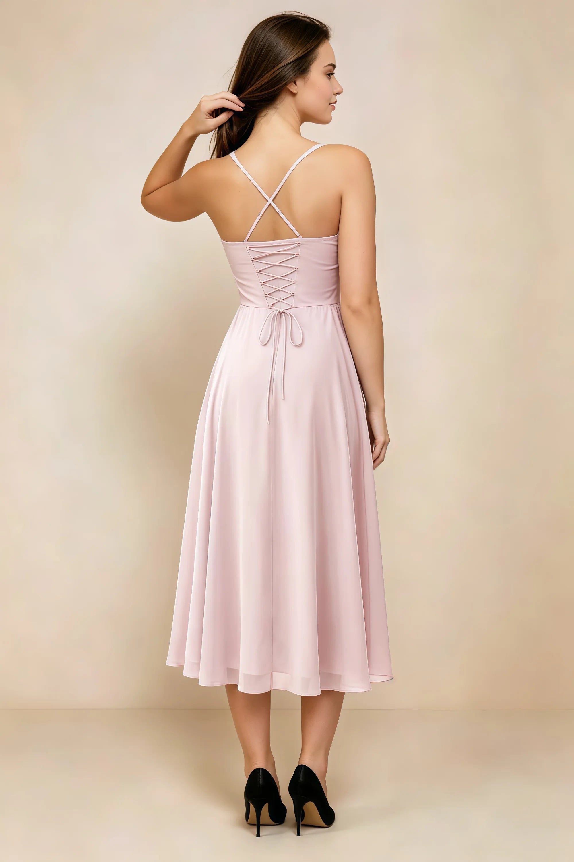 Alessandra Light Pink Chiffon Sweetheart Lace-Up Midi Dress Secondary image