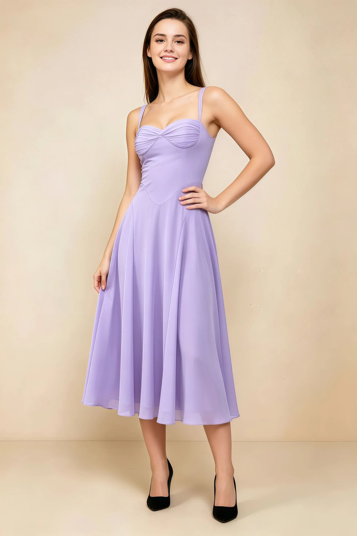 Alessandra Lilac Chiffon Sweetheart Lace-Up Midi Dress Main image
